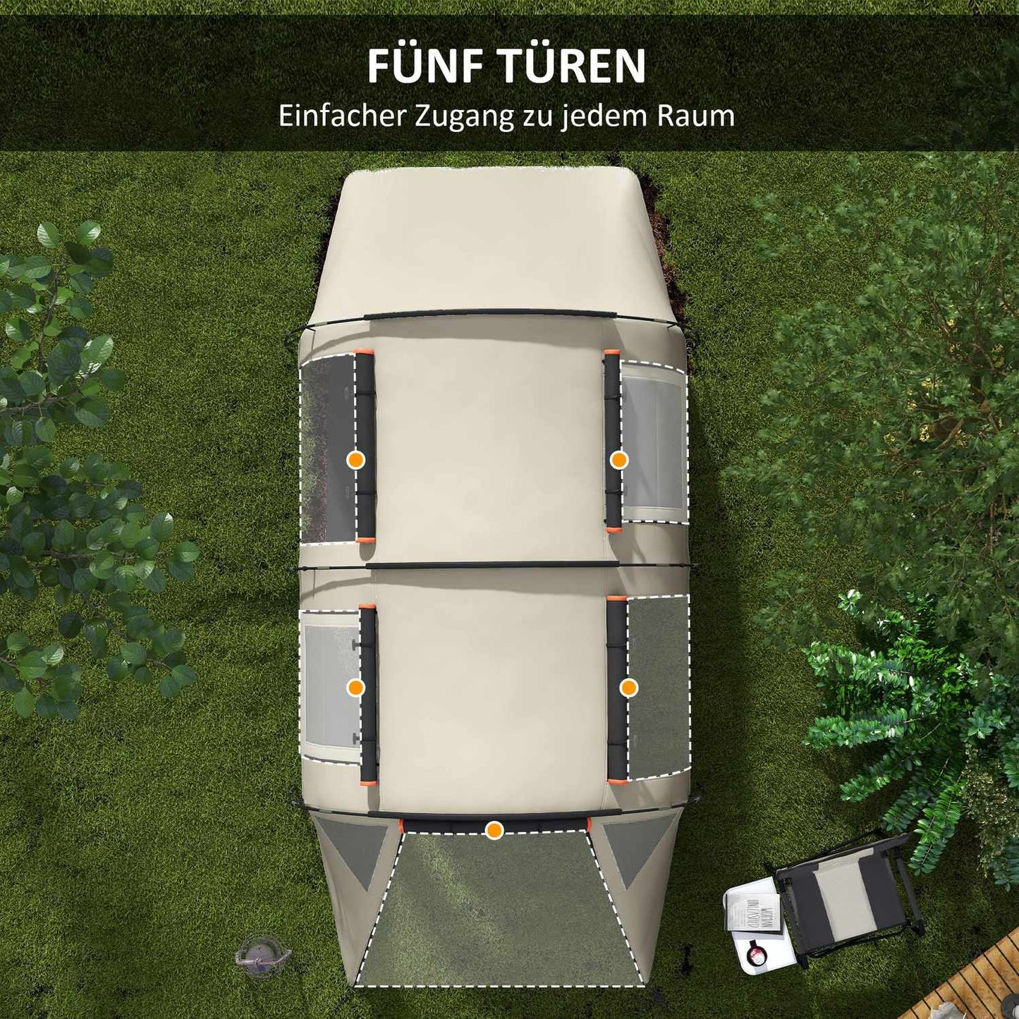 Camping tunnel tent - 5 people, 2 rooms, khaki, waterproof