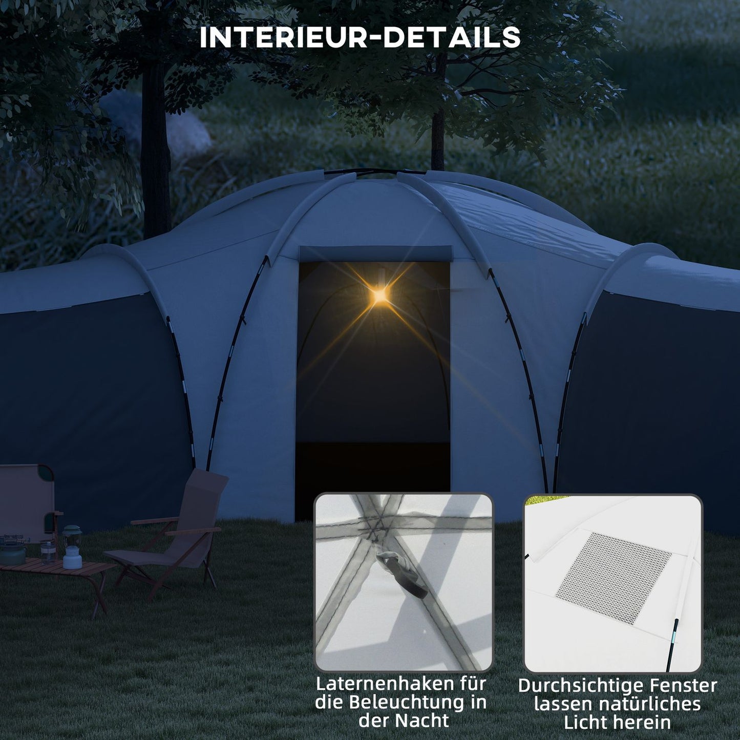6-9 person tunnel camping tent, 3 bedrooms, grey