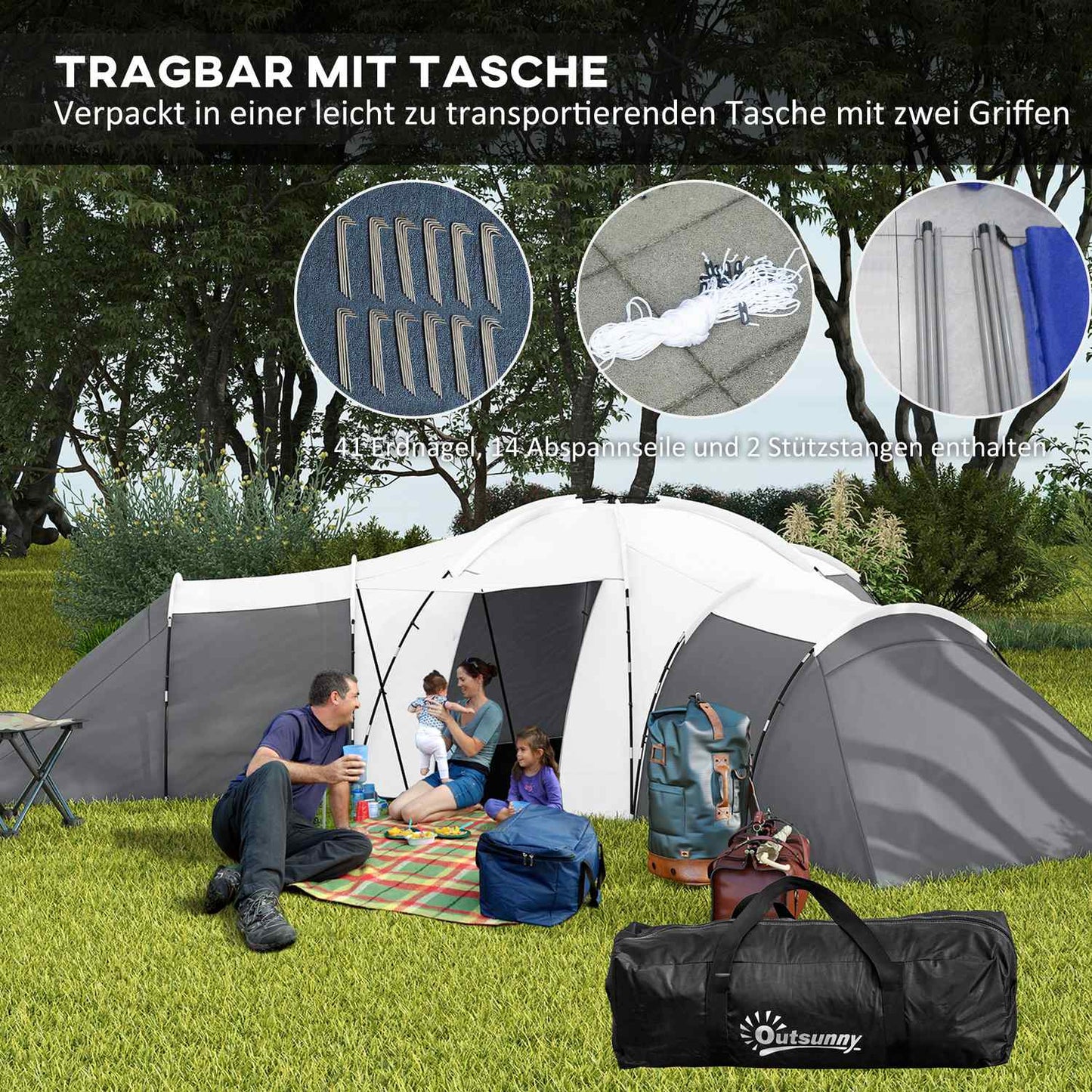 6-9 person tunnel camping tent, 3 bedrooms, grey