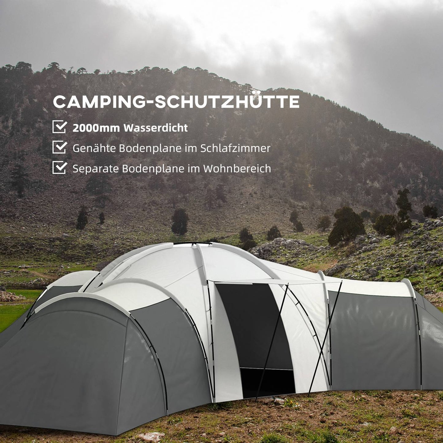 6-9 person tunnel camping tent, 3 bedrooms, grey