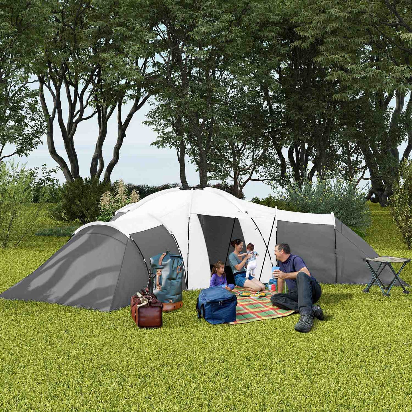 6-9 person tunnel camping tent, 3 bedrooms, grey