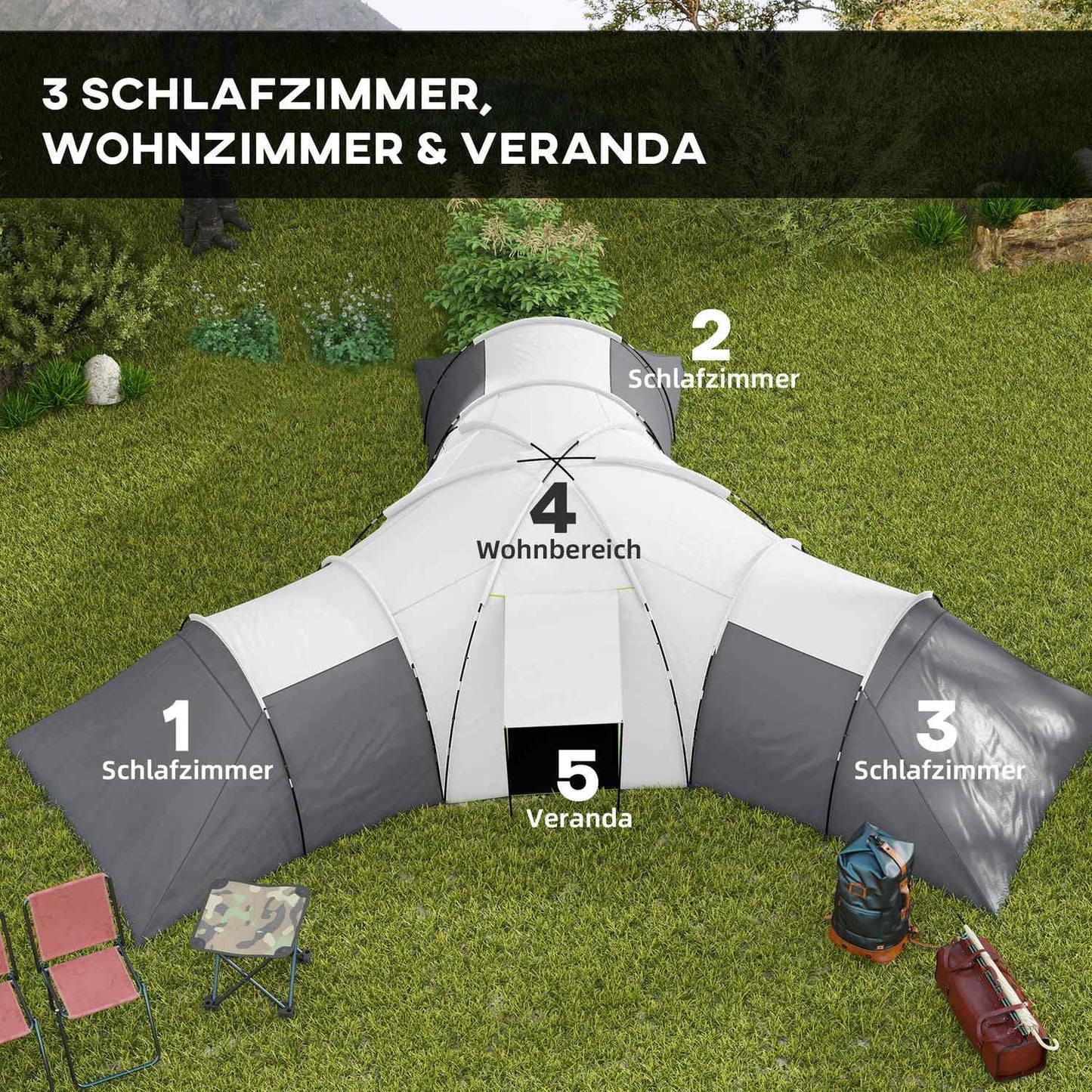6-9 person tunnel camping tent, 3 bedrooms, grey