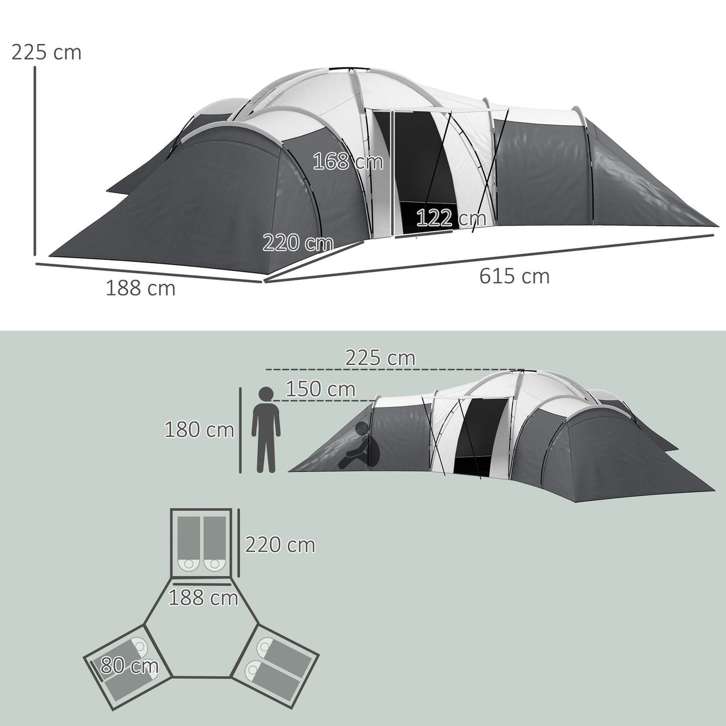 6-9 person tunnel camping tent, 3 bedrooms, grey