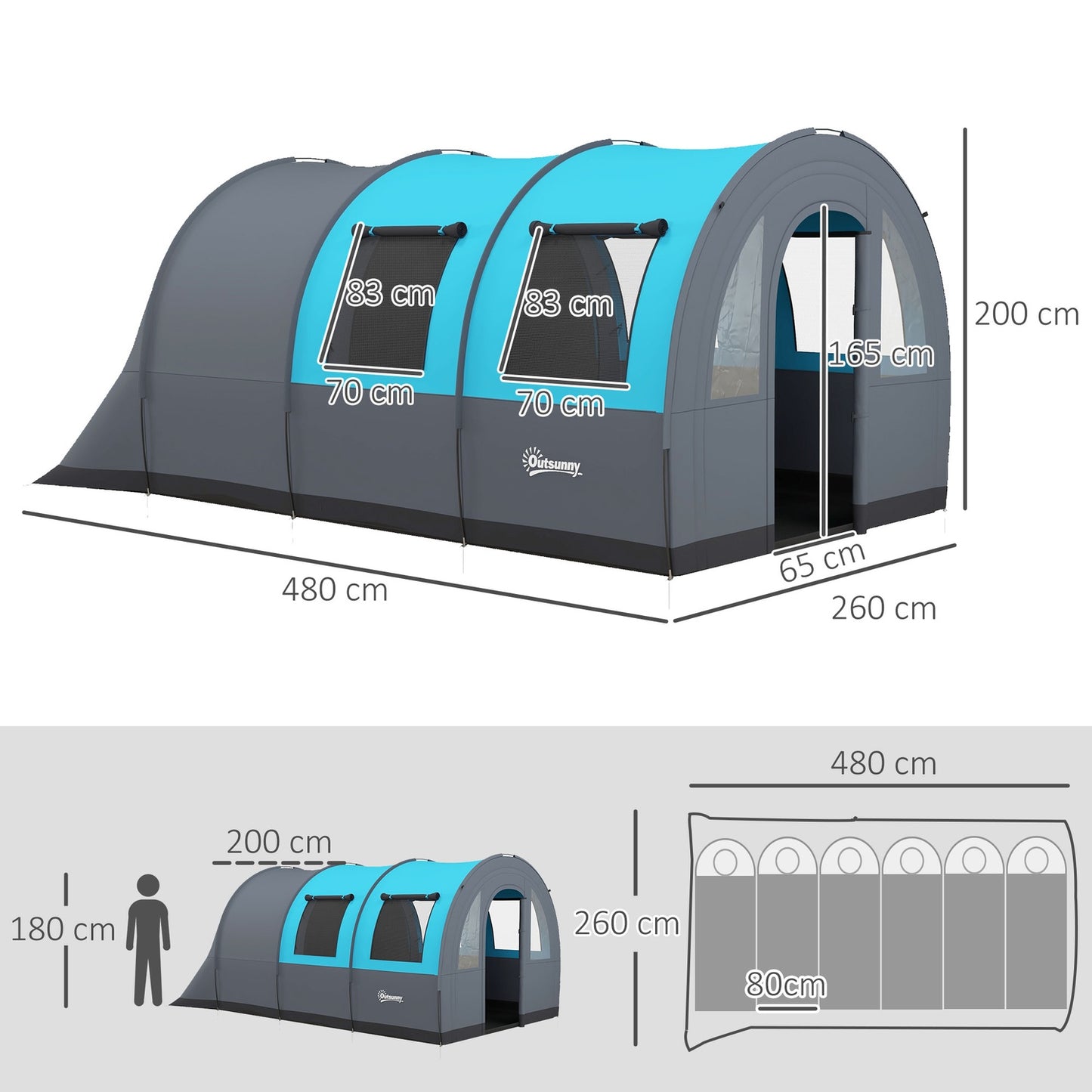Camping tent for 6 – 2 rooms, light, 3000 mm grey