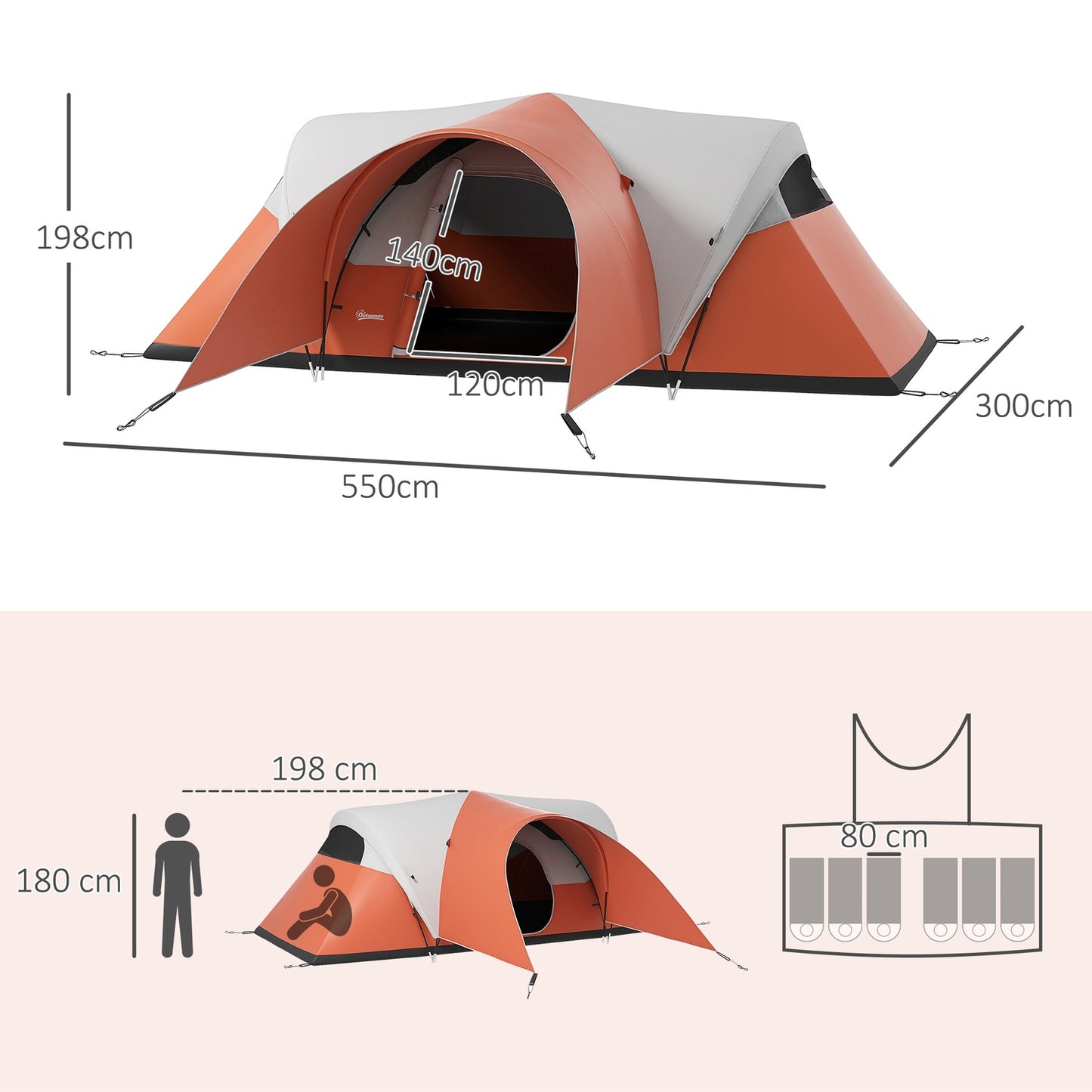 Camping tunnel tent, water repellent, fits 6 people, orange