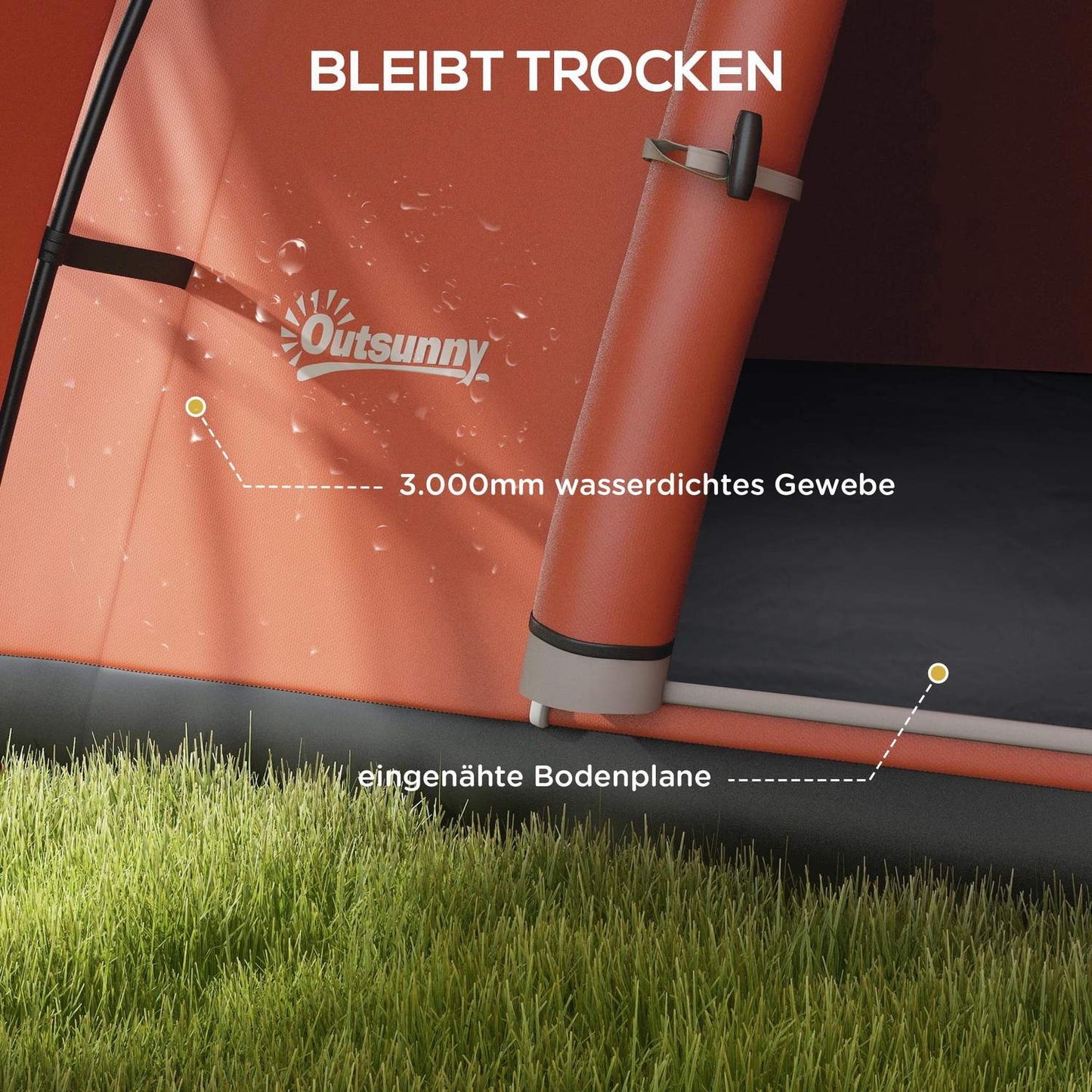 Camping tunnel tent, water repellent, fits 6 people, orange