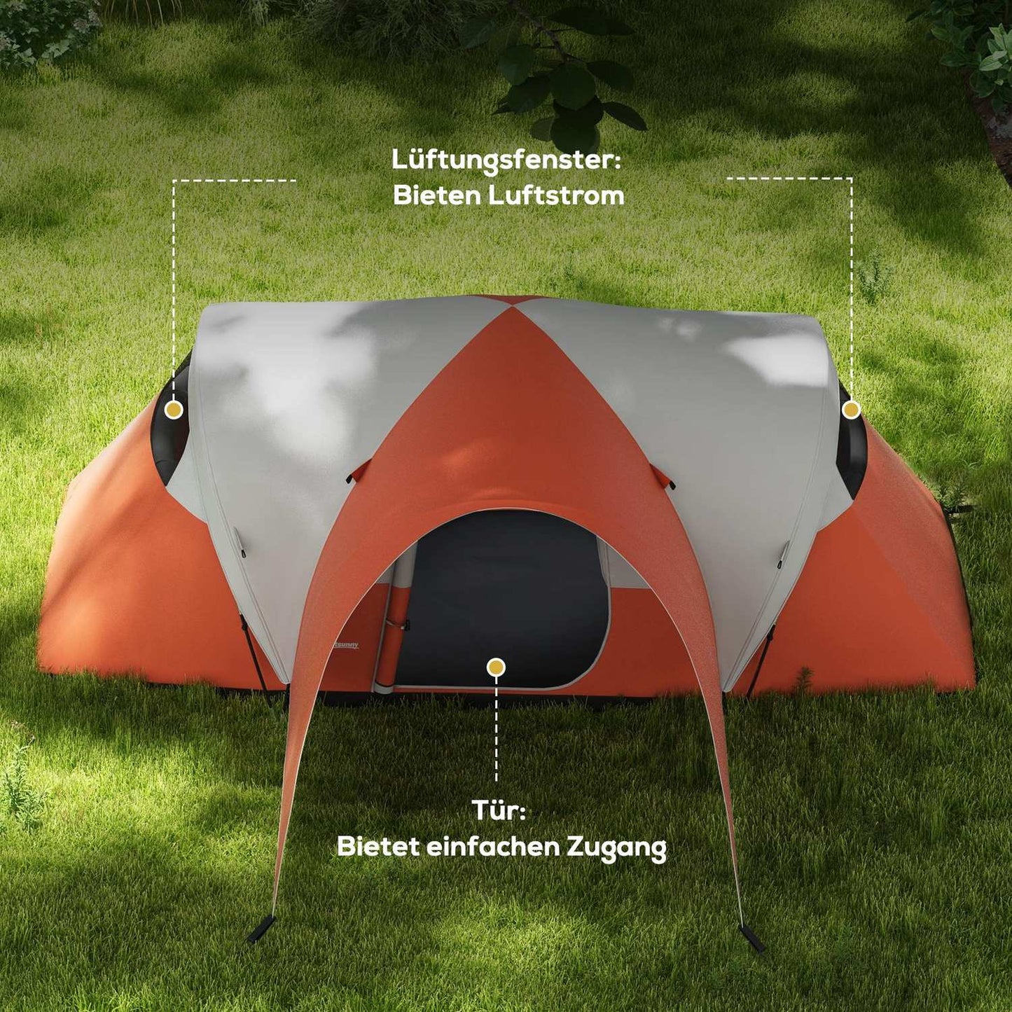 Camping tunnel tent, water repellent, fits 6 people, orange