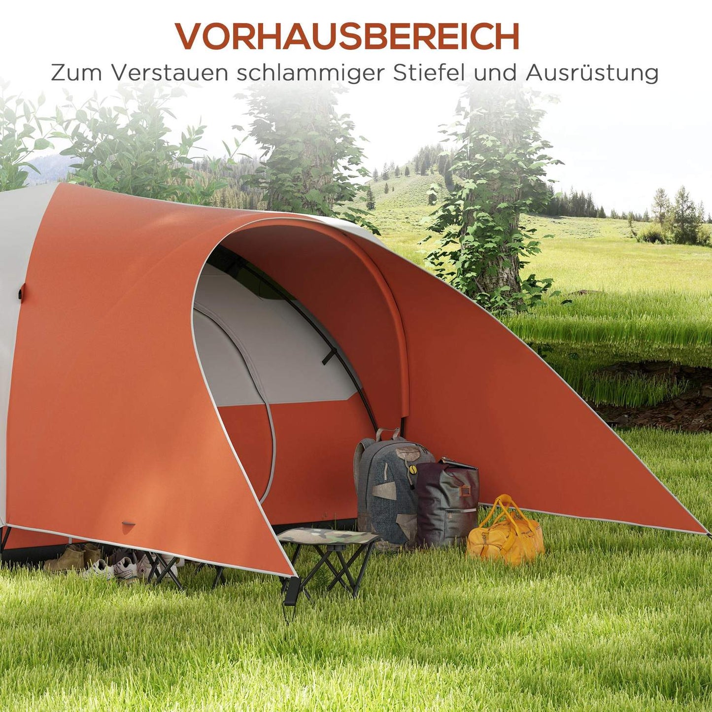 Camping tunnel tent, water repellent, fits 6 people, orange