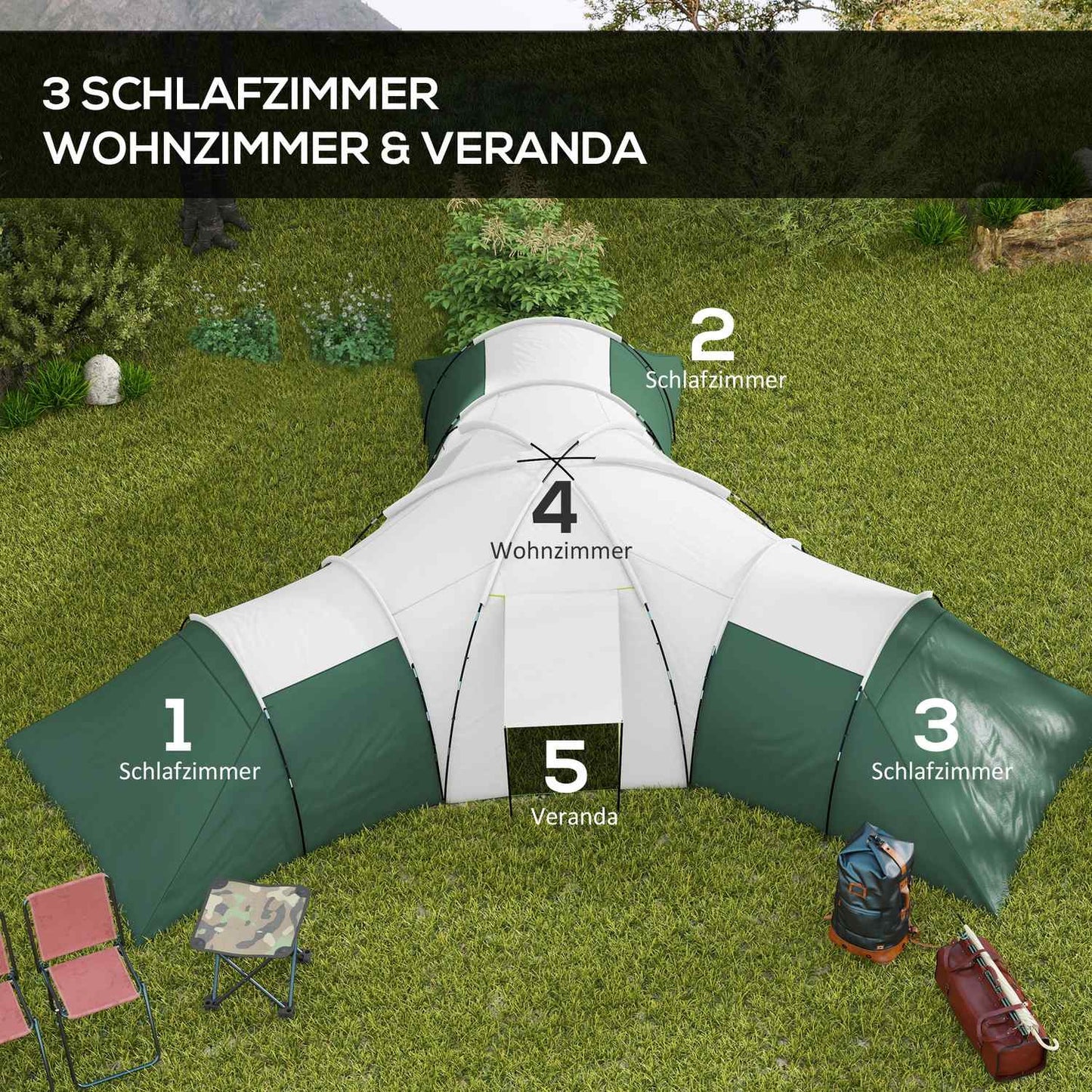 Family camping tunnel tent, 6-9 people, 3 bedrooms, green, 2000 mm waterproof