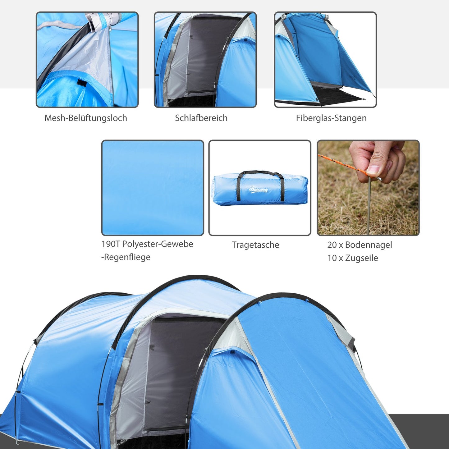 Light blue tunnel camping tent for 2-3 with sticks & fiberglass
