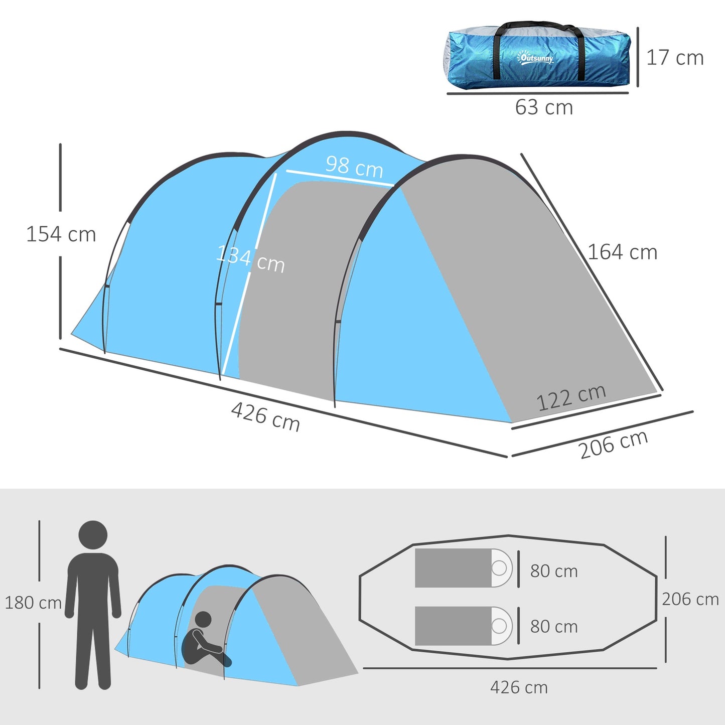 Light blue tunnel camping tent for 2-3 with sticks & fiberglass