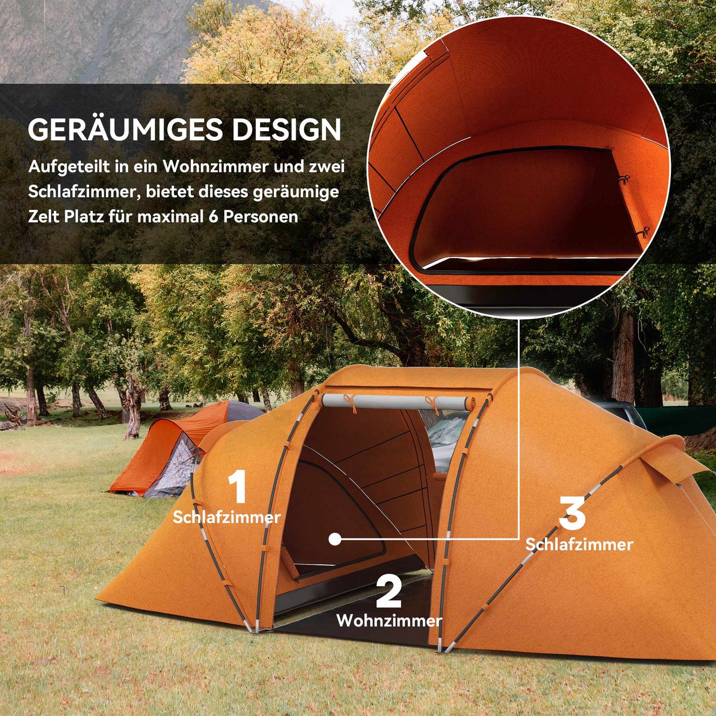 Tunnel Tent for 4-6 People, Waterproof 2000mm, Orange