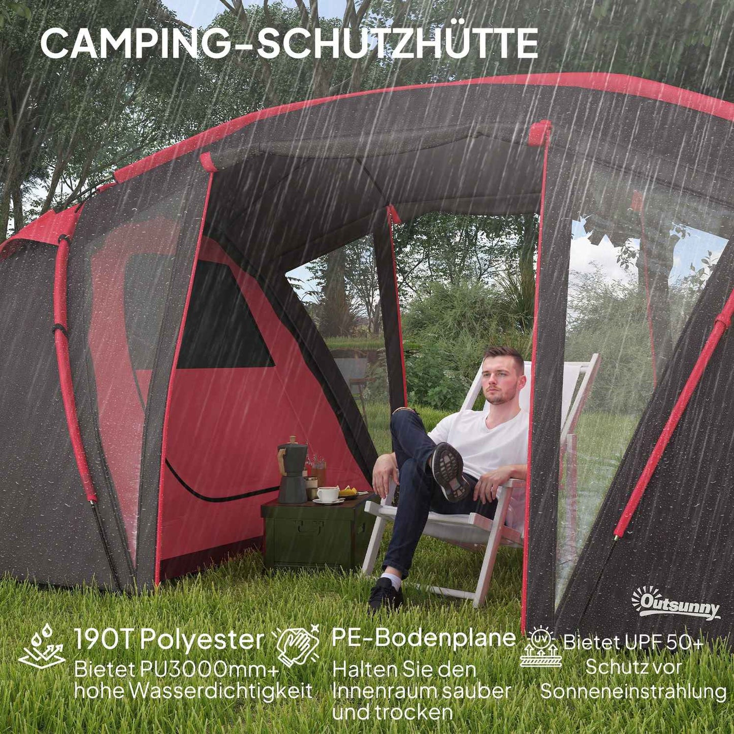 Tunnel tent, camping tent for 4-6 people, with 3 rooms, light hooks, double doors, grey