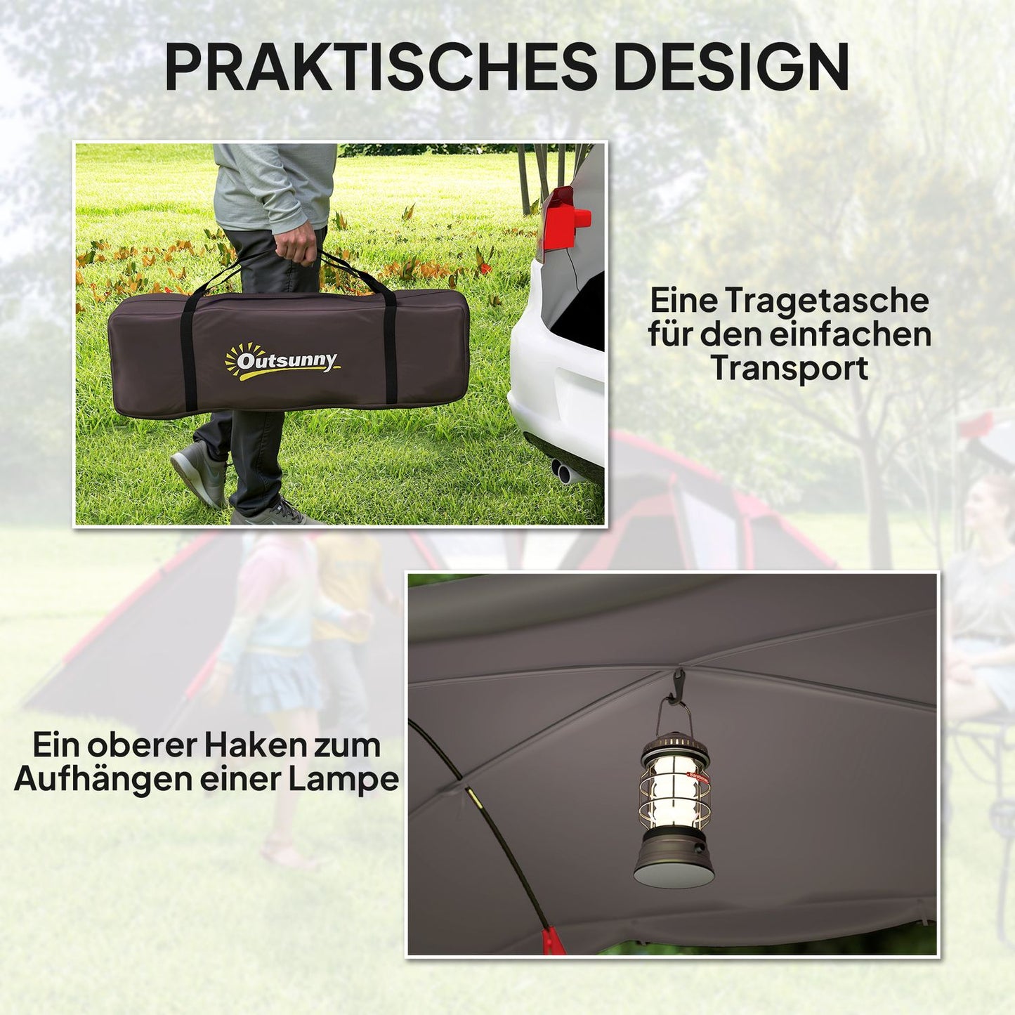 Tunnel tent, camping tent for 4-6 people, with 3 rooms, light hooks, double doors, grey