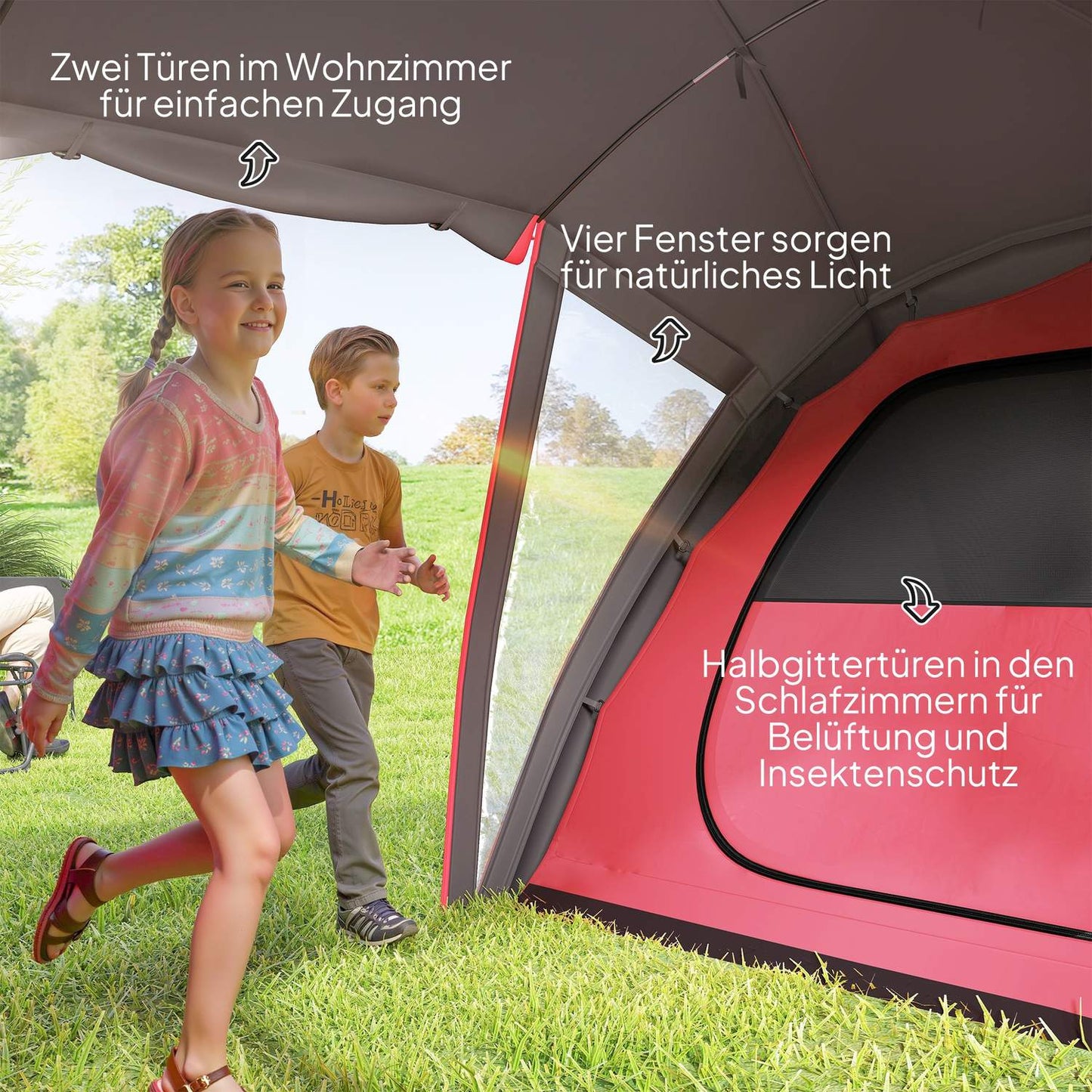 Tunnel tent, camping tent for 4-6 people, with 3 rooms, light hooks, double doors, grey