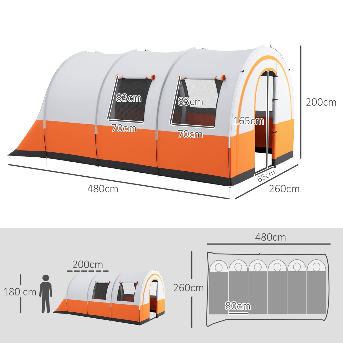 6-person tunnel tent, 2 rooms, water-repellent, cream white
