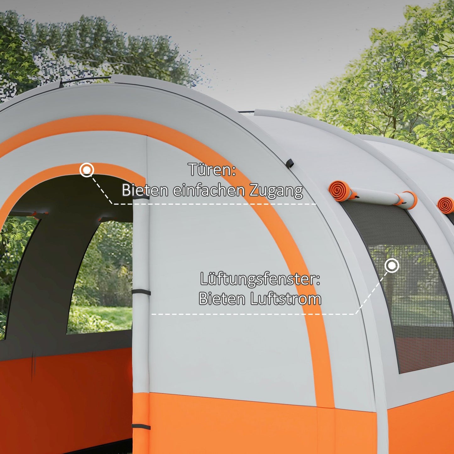 6-person tunnel tent, 2 rooms, water-repellent, cream white