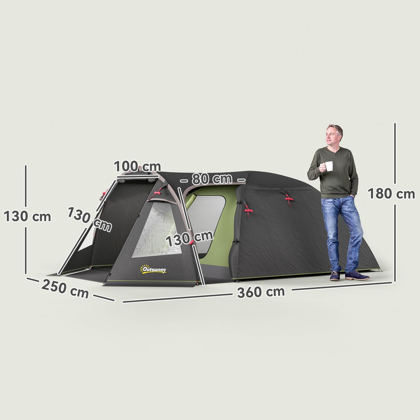 4-Person Tunnel Tent, Waterproof, UV 50+, Dual Doors