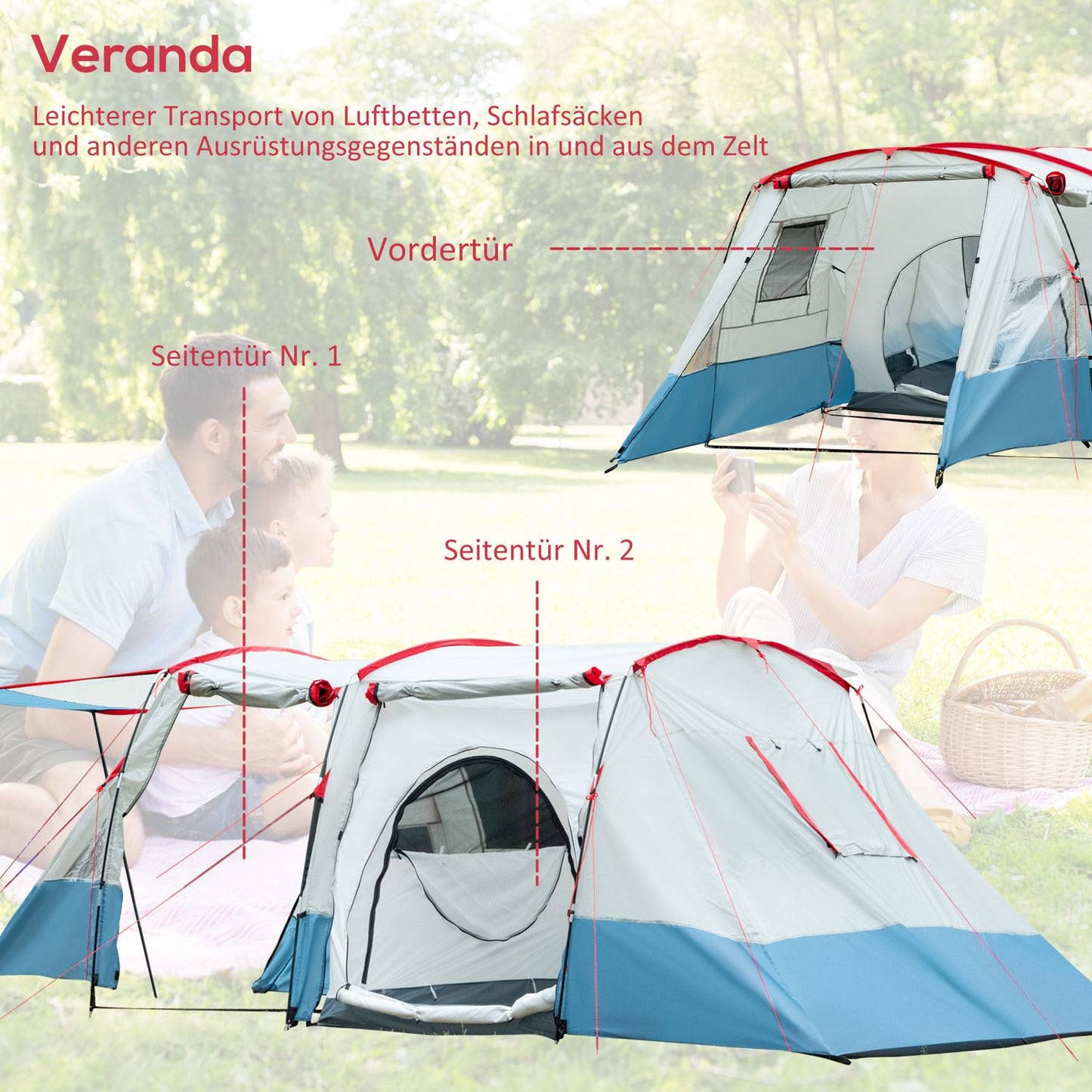 8-person tunnel tent with sleeping cabin, 3 doors, blue