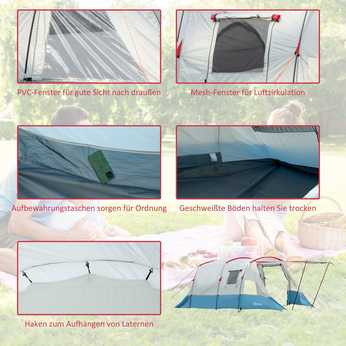 8-person tunnel tent with sleeping cabin, 3 doors, blue