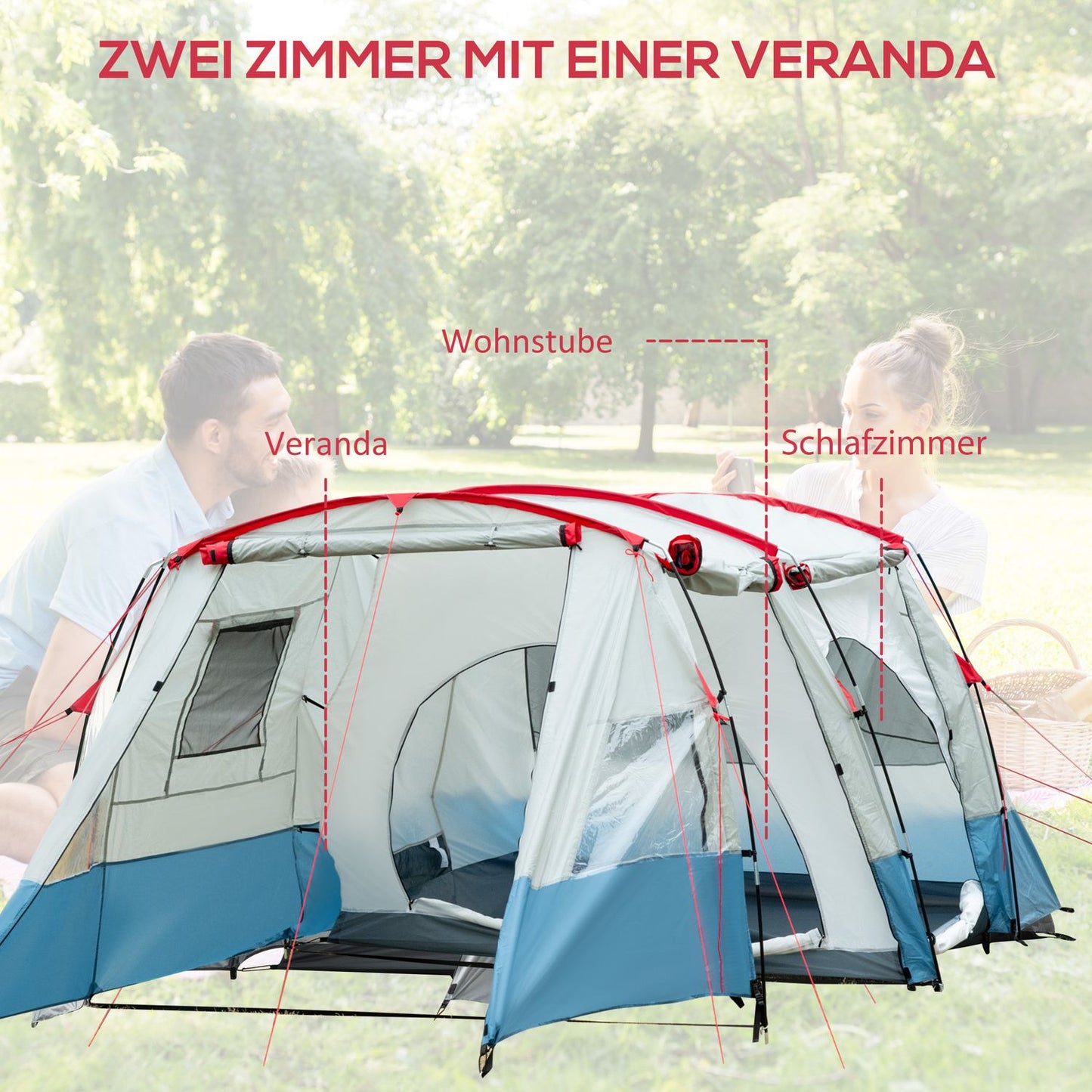 8-person tunnel tent with sleeping cabin, 3 doors, blue