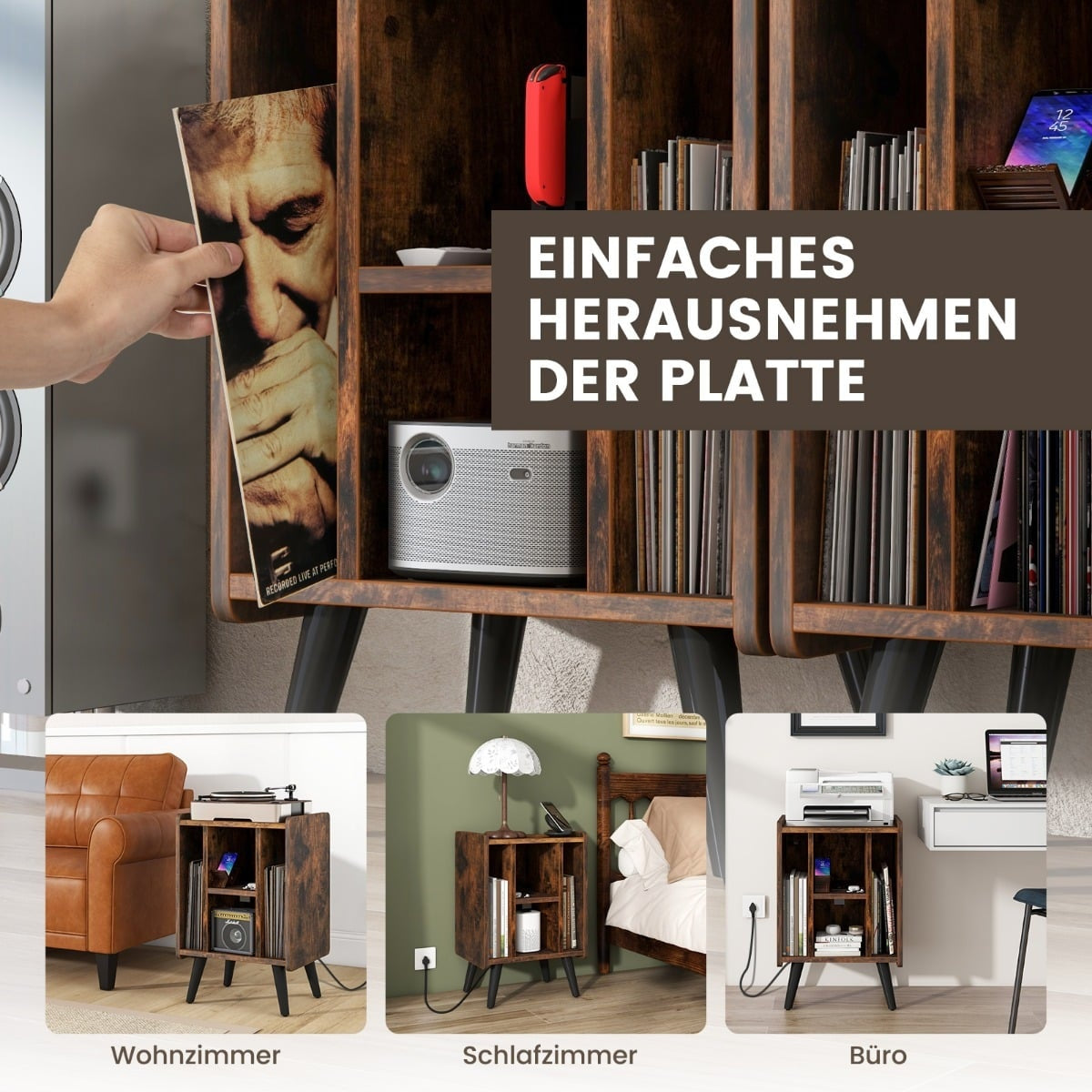 Turntable Stand with Charging Station & 4 Open Shelves