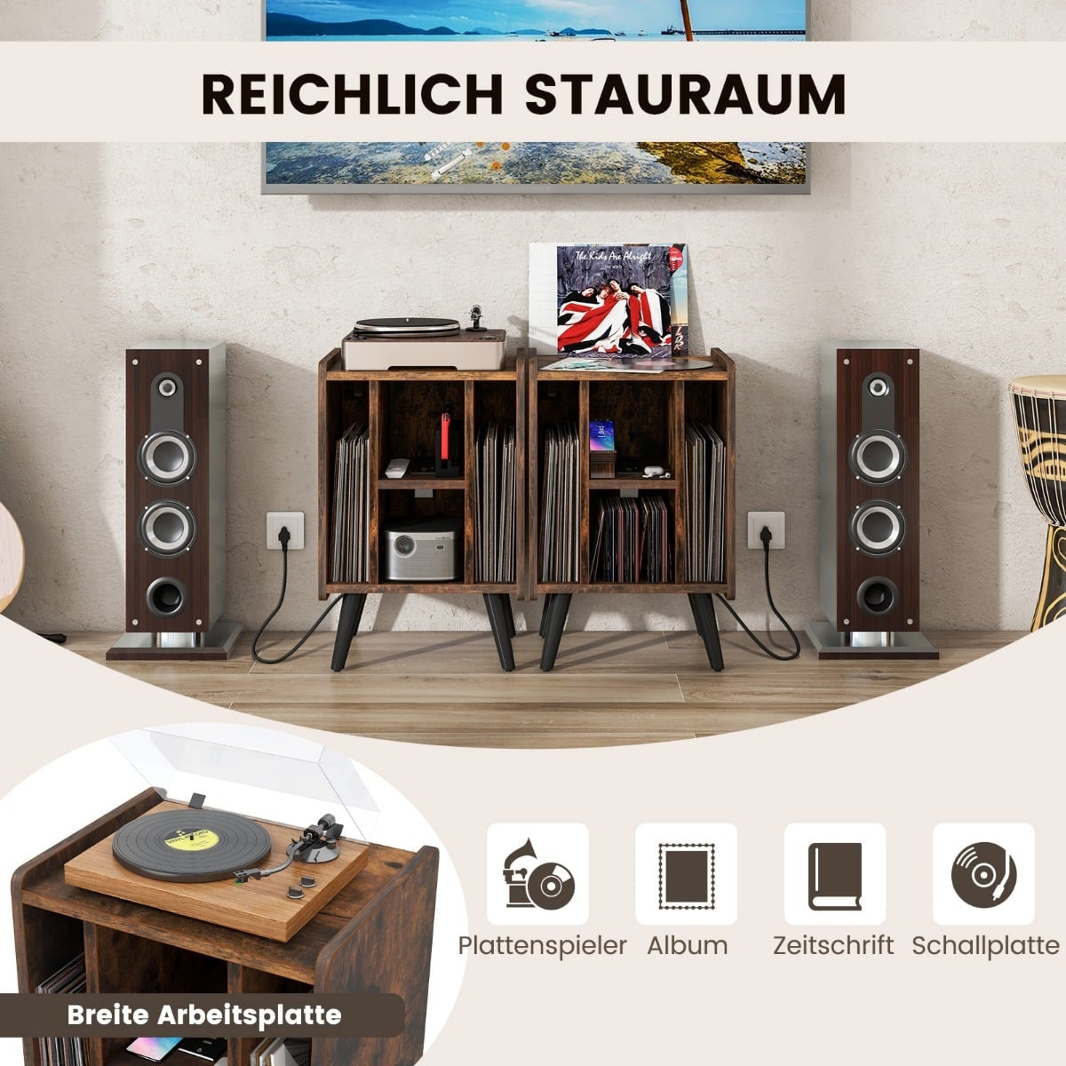 Turntable Stand with Charging Station & 4 Open Shelves