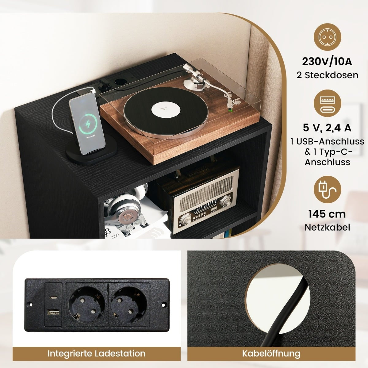 Turntable Stand with Charging Station & Vinyl Storage