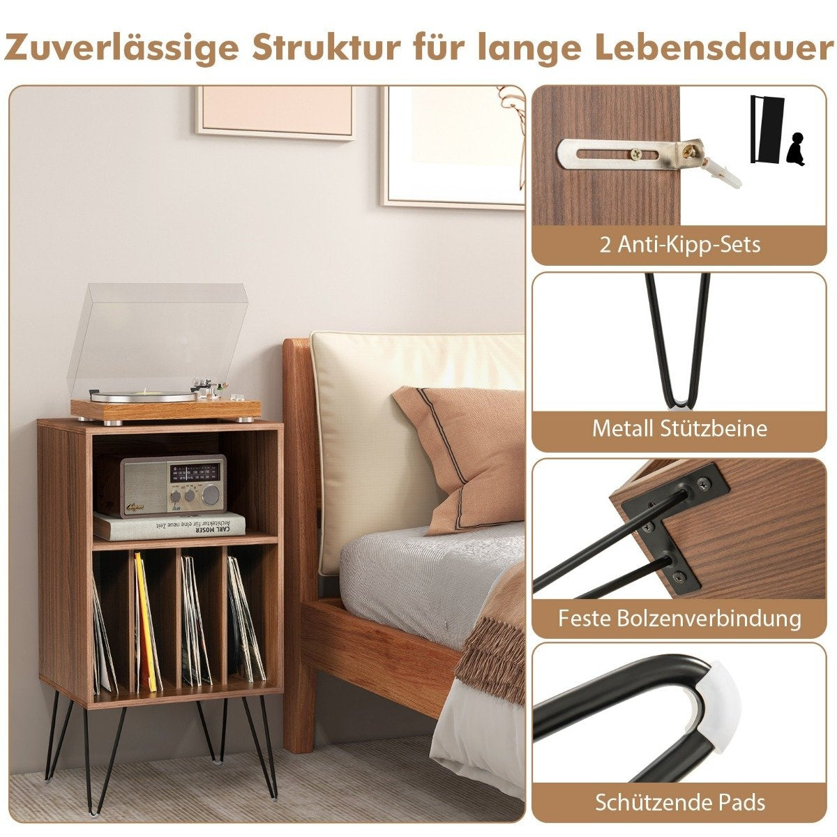 Turntable stand with charging station 3-tier record stand 48 x 40 x 88 cm walnut