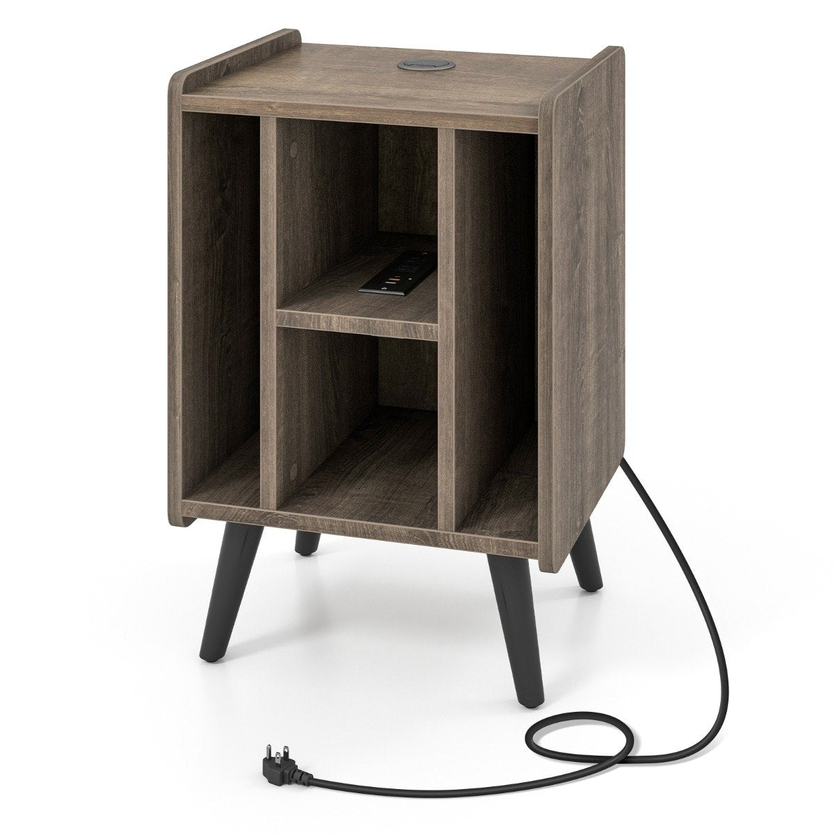 Turntable stand with charging station & 4 open shelves vinyl records turntable table gray