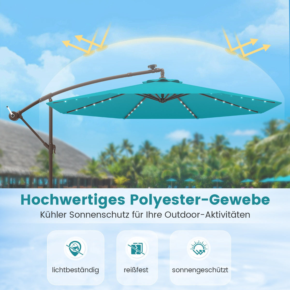 Turquoise 3m Patio Umbrella with Solar LED Lights & Sandbags