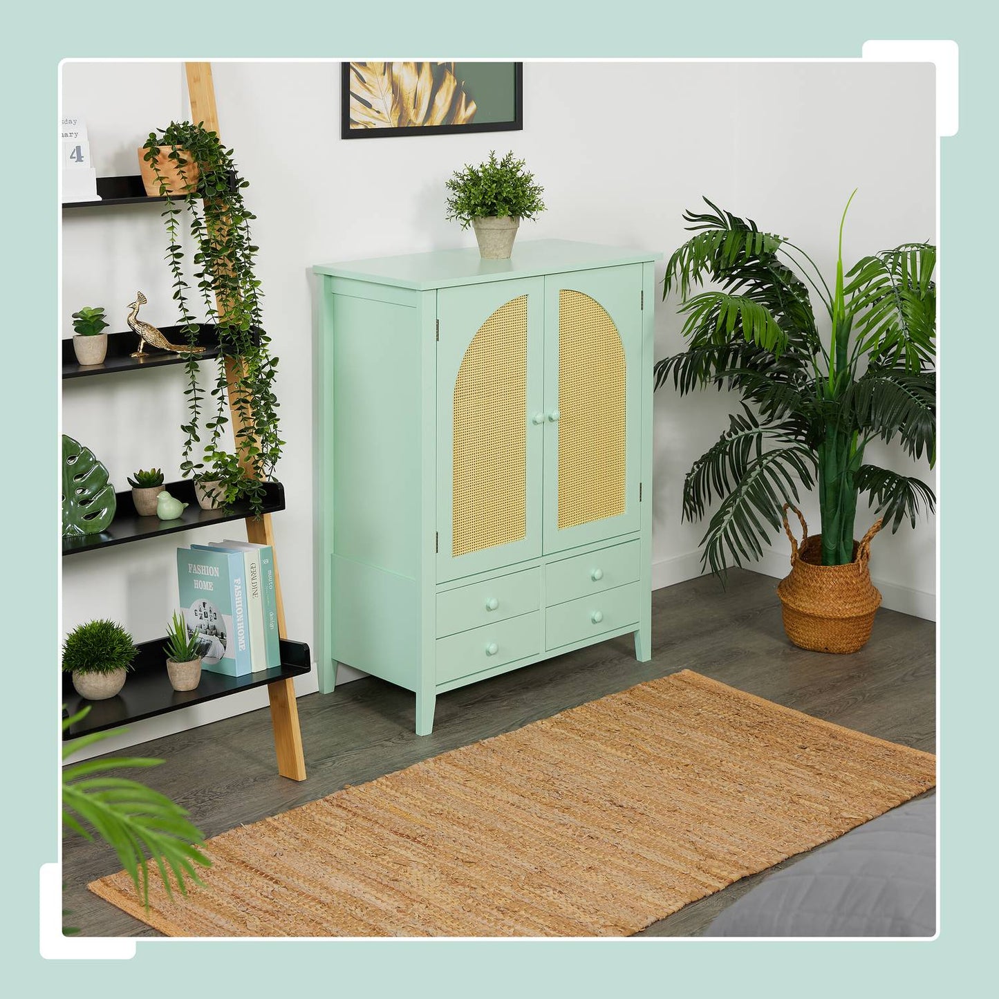 Turquoise Rattan Sideboard – 2 Compartments, 4 Drawers