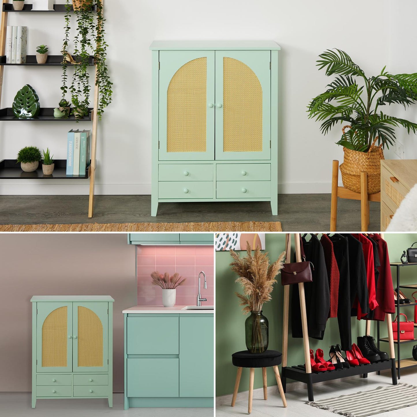 Turquoise Rattan Sideboard – 2 Compartments, 4 Drawers