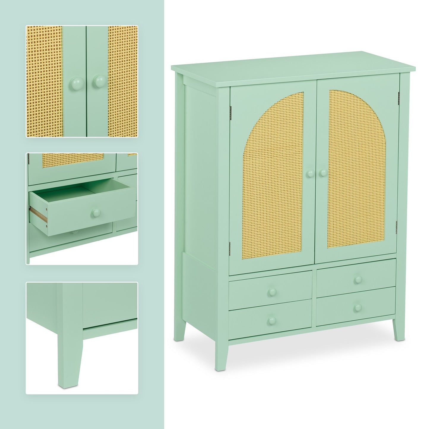 Turquoise Rattan Sideboard – 2 Compartments, 4 Drawers