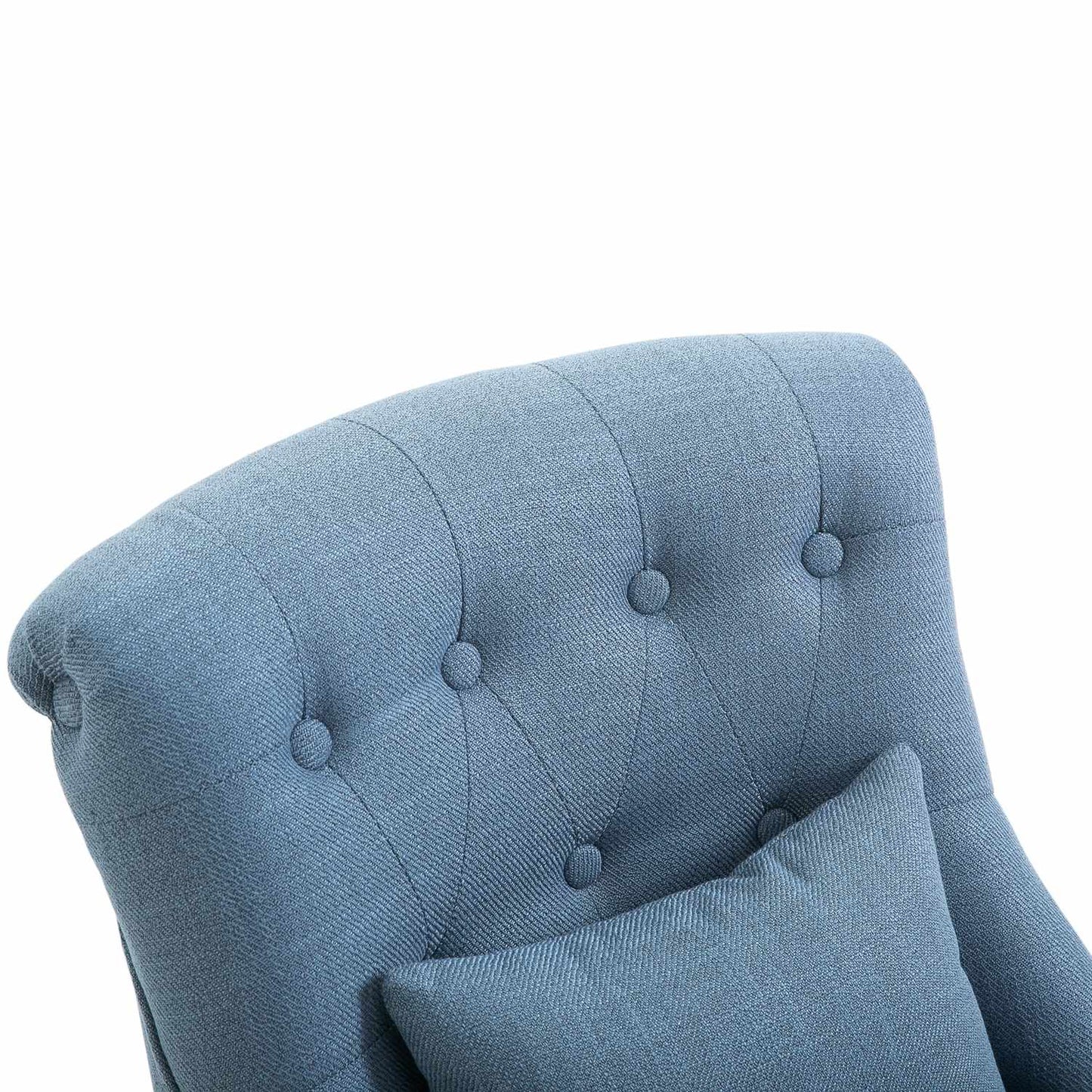 Blue linen TV chair - relaxing with back cushion, raised feet