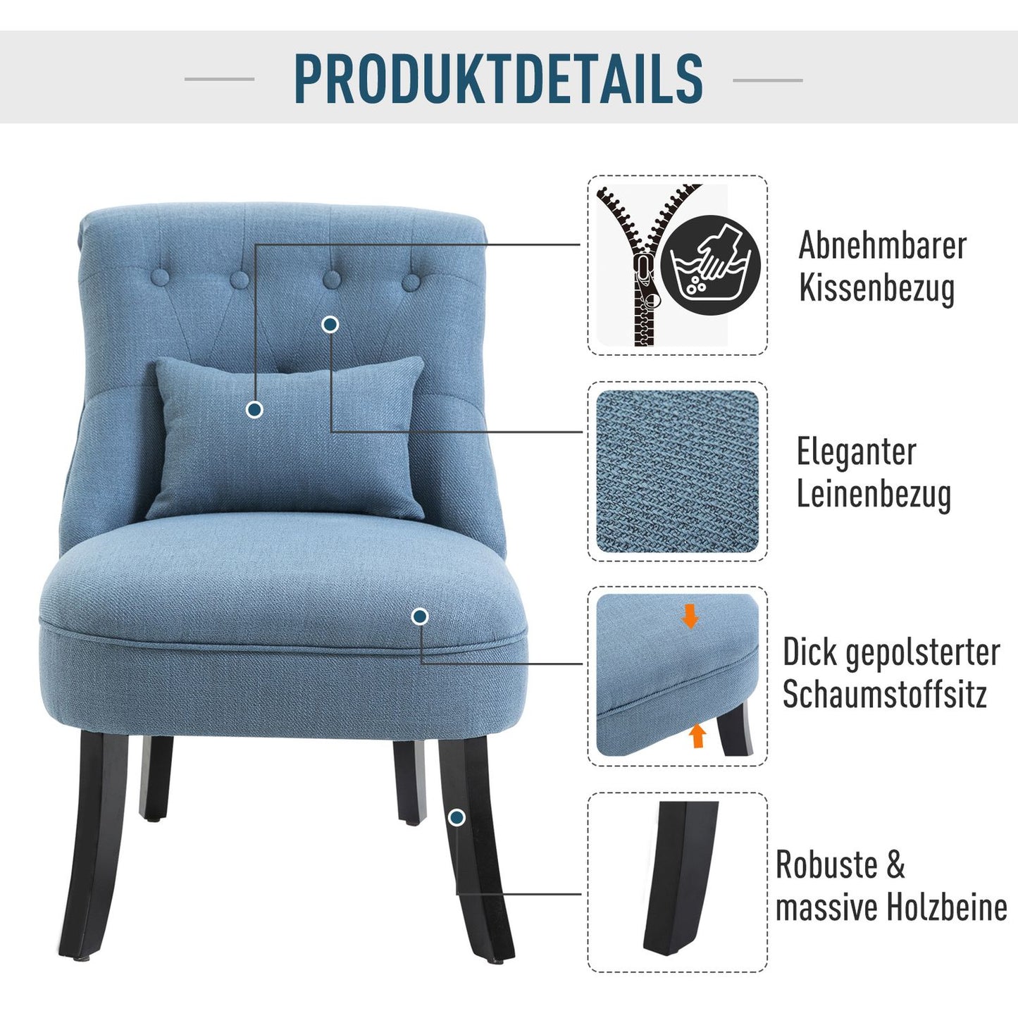 Blue linen TV chair - relaxing with back cushion, raised feet