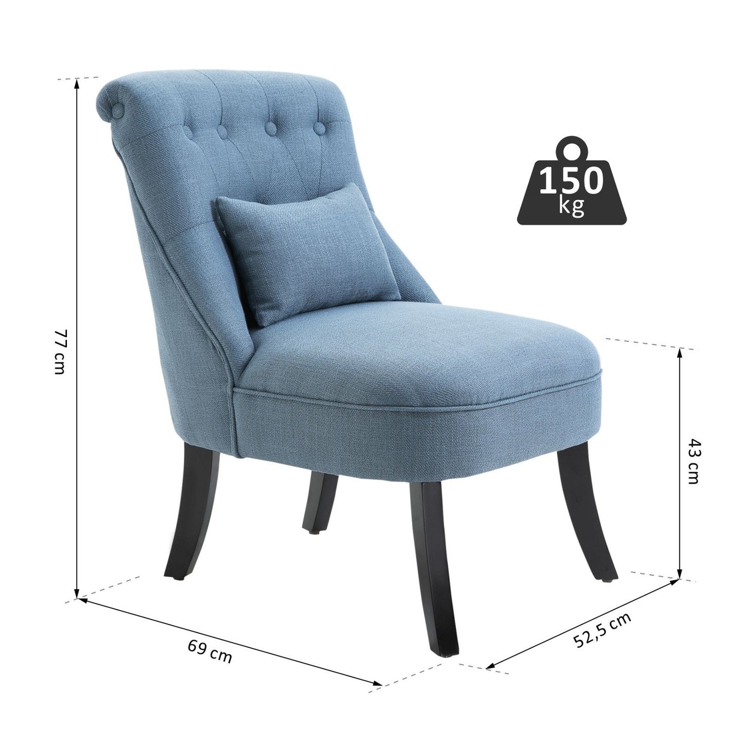 Blue linen TV chair - relaxing with back cushion, raised feet