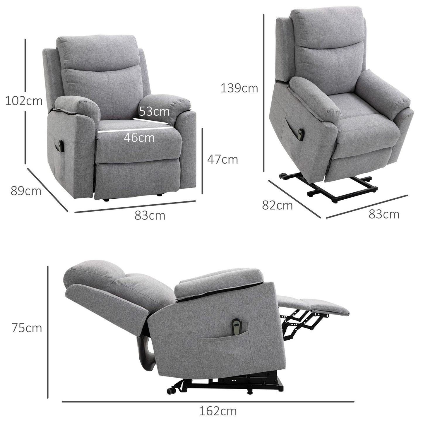 Electric recliner - standing aid, 1 motor, grey