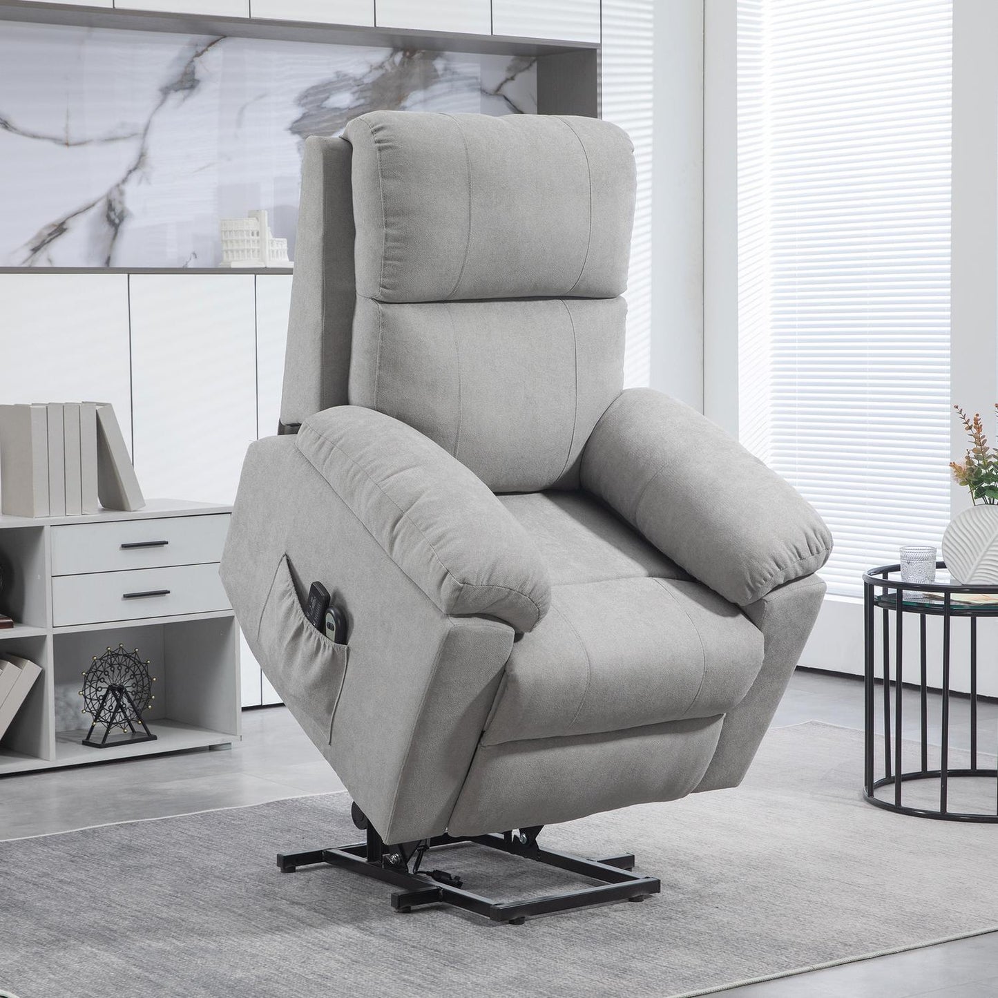Electric recliner with massage, light gray linen