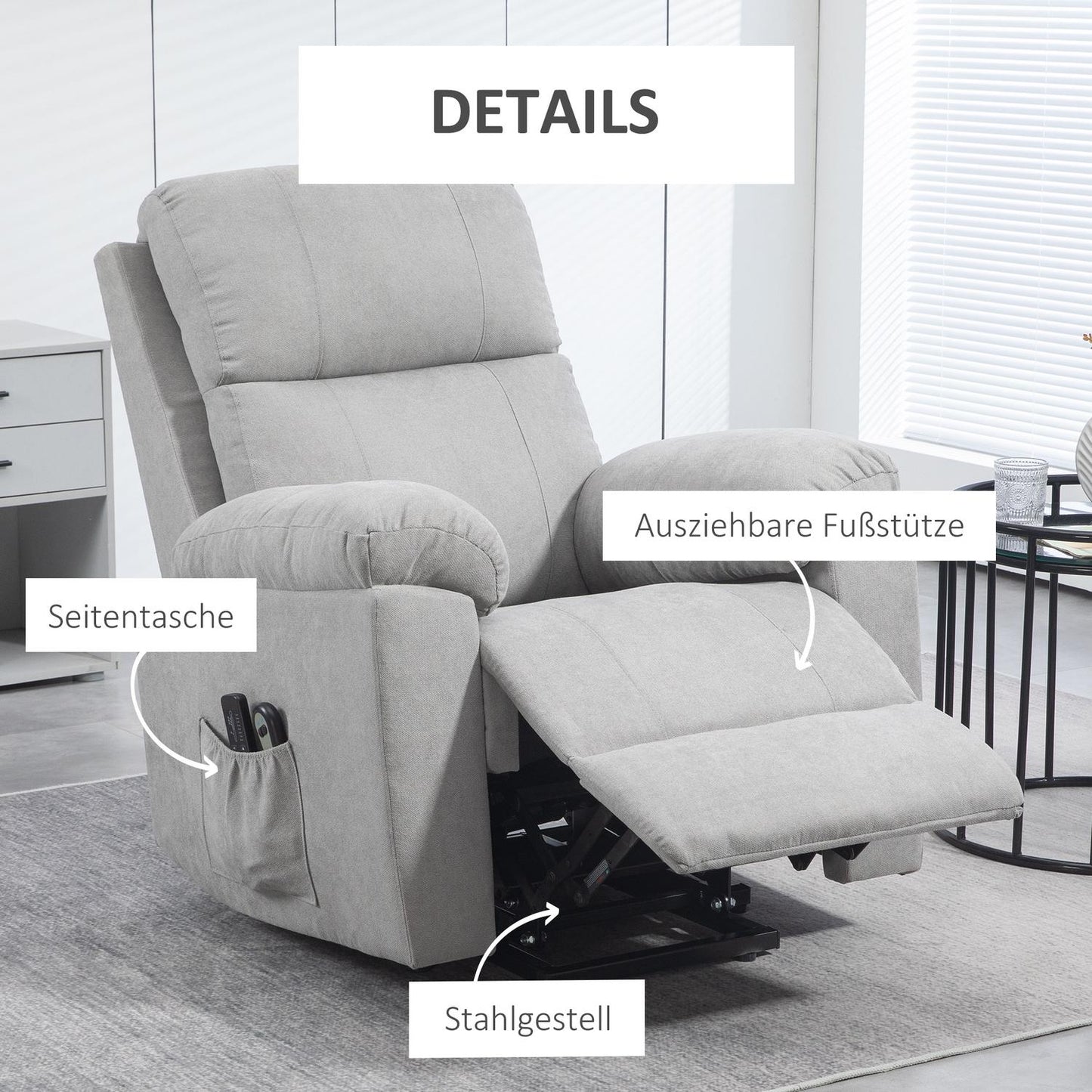 Electric recliner with massage, light gray linen