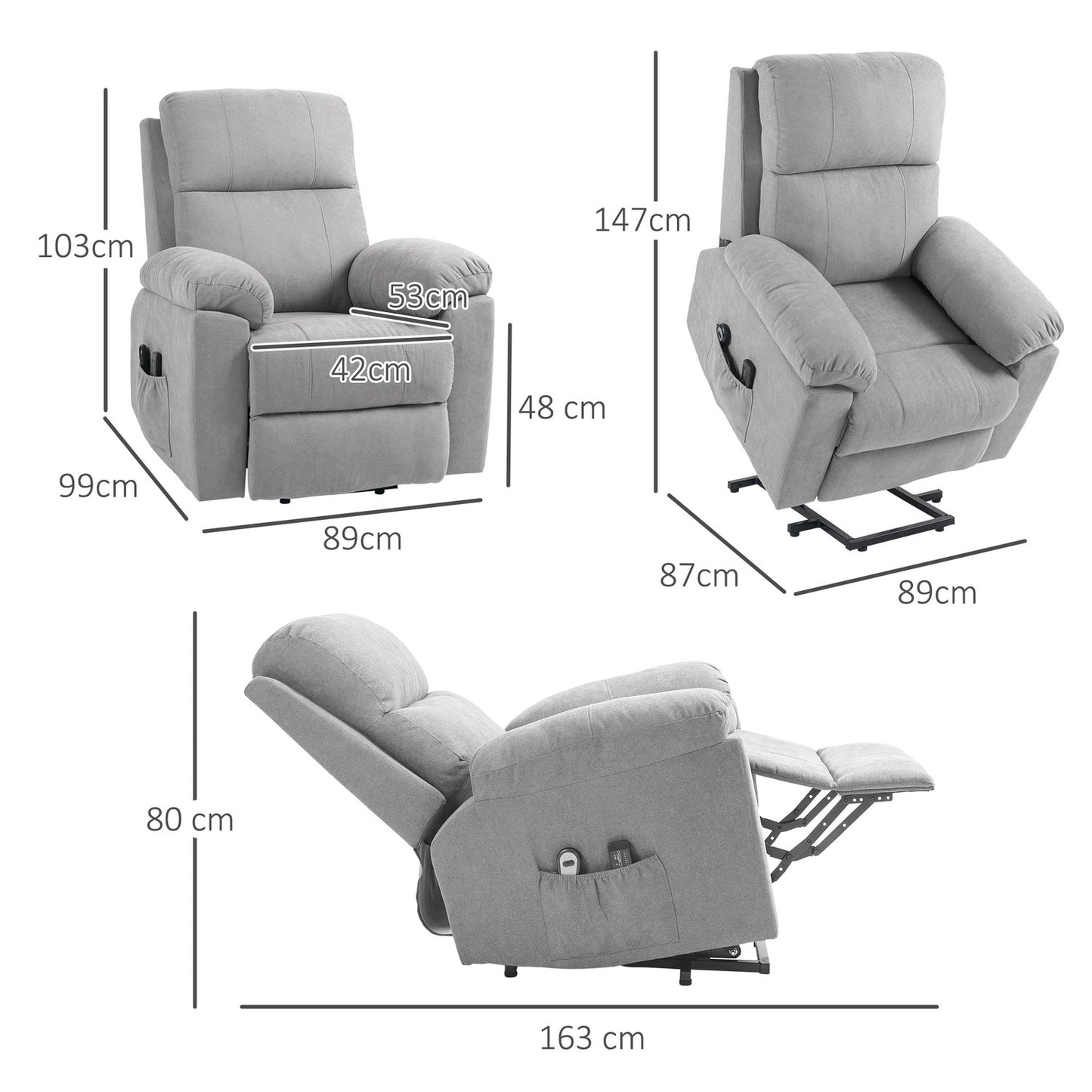 Electric recliner with massage, light gray linen