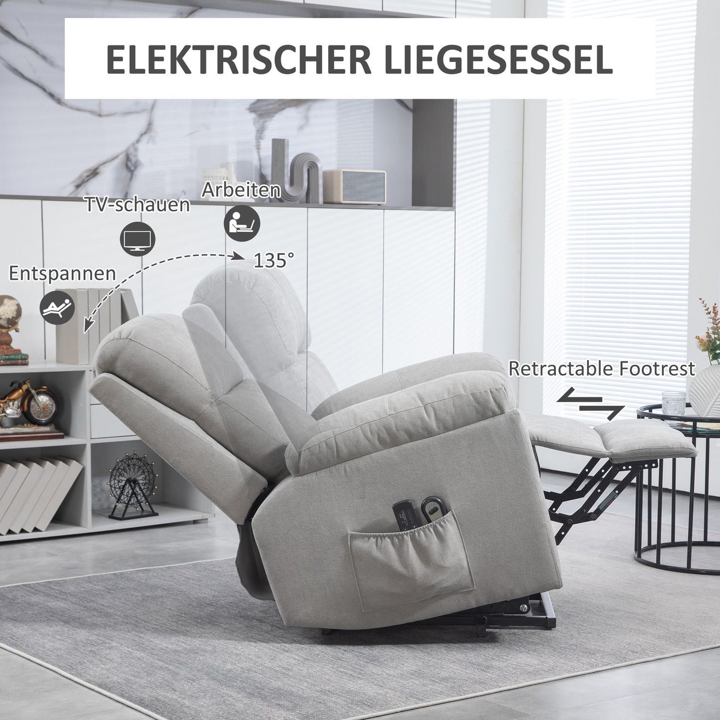 Electric recliner with massage, light gray linen