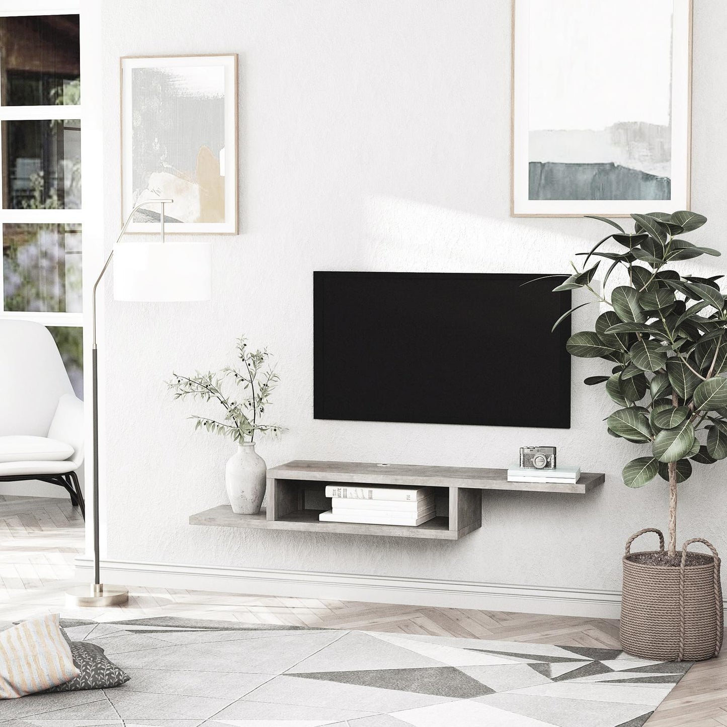 Hanging TV Lowboard; Cement gray multimedia shelf