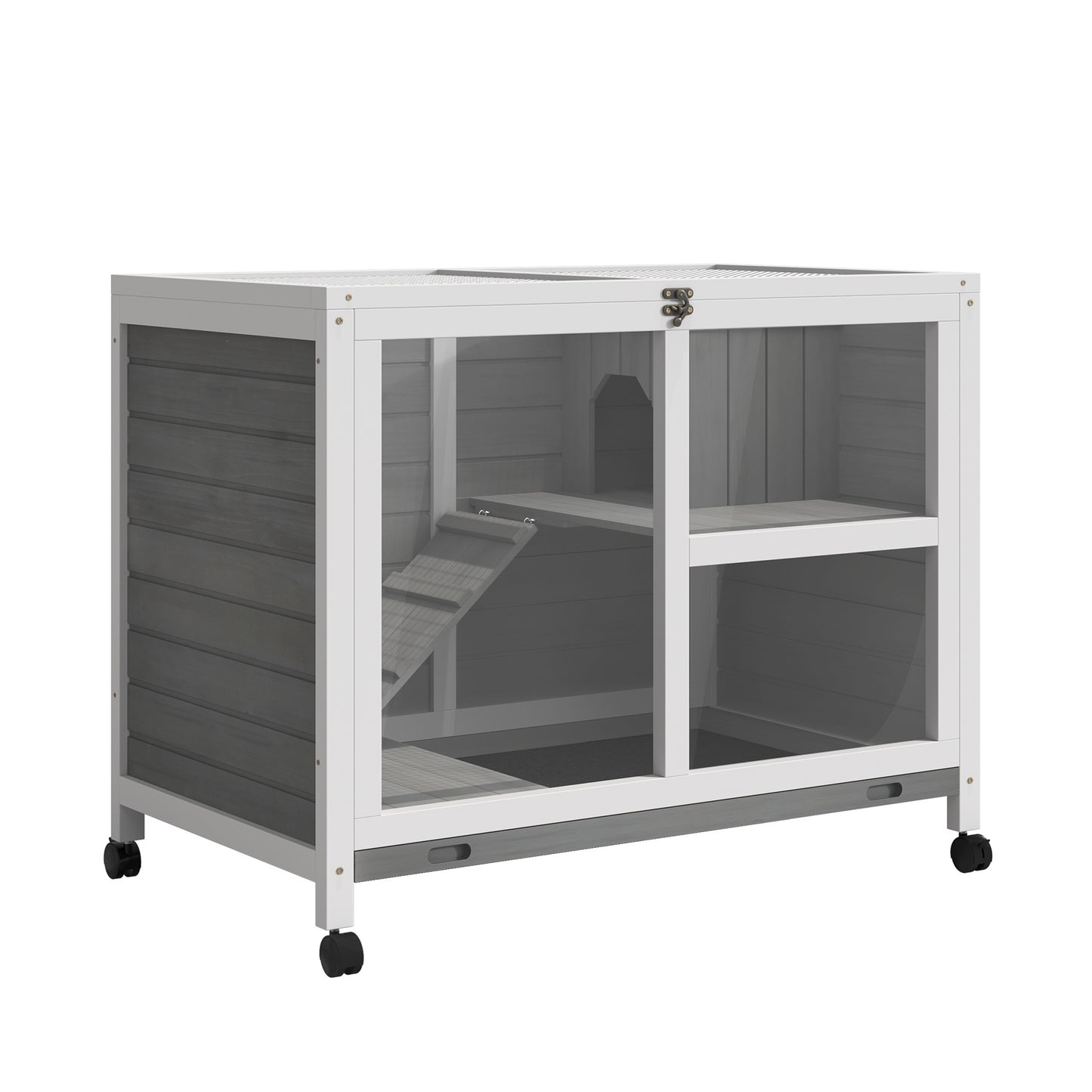 Two-Level Small Animal Hutch, Sealed Fir Wood, Gray, with Wheels