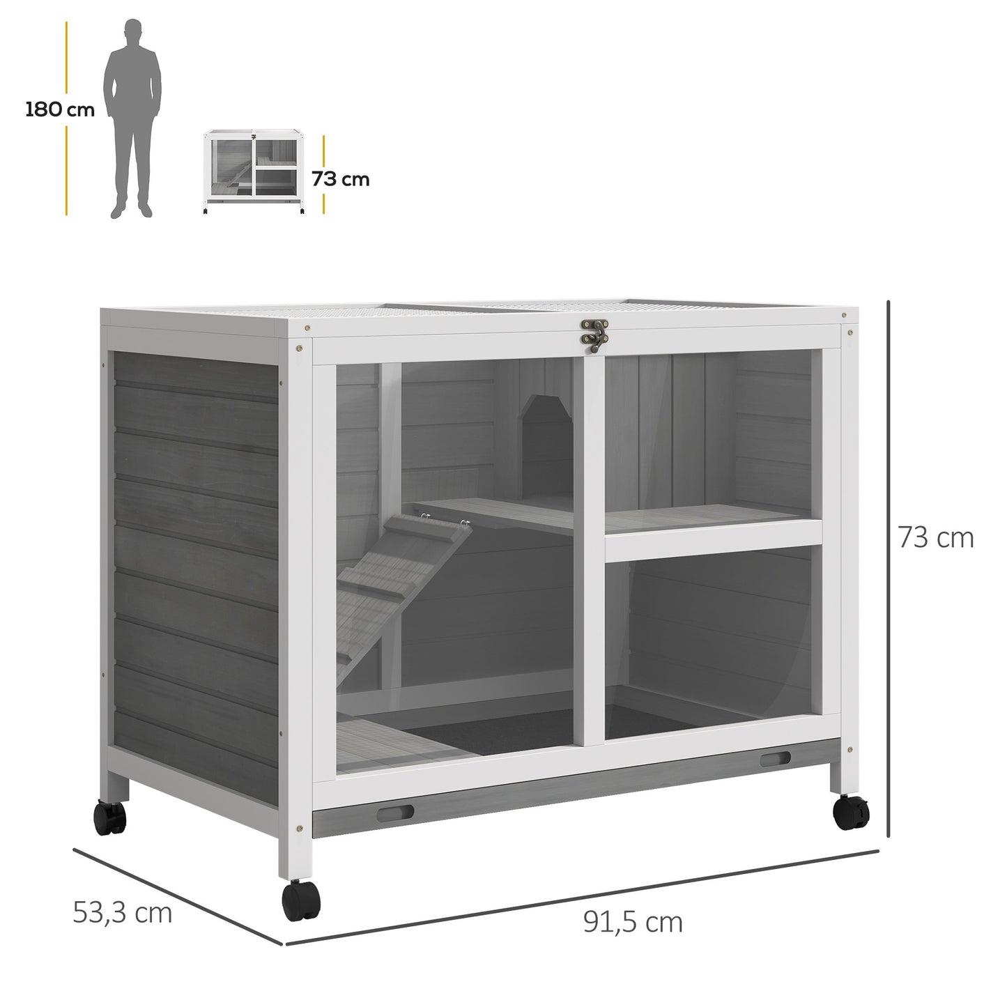 Two-Level Small Animal Hutch, Sealed Fir Wood, Gray, with Wheels