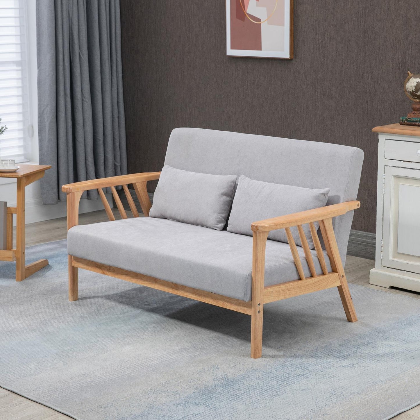 Two-seater loveseat sofa in velvet with cushions, gray