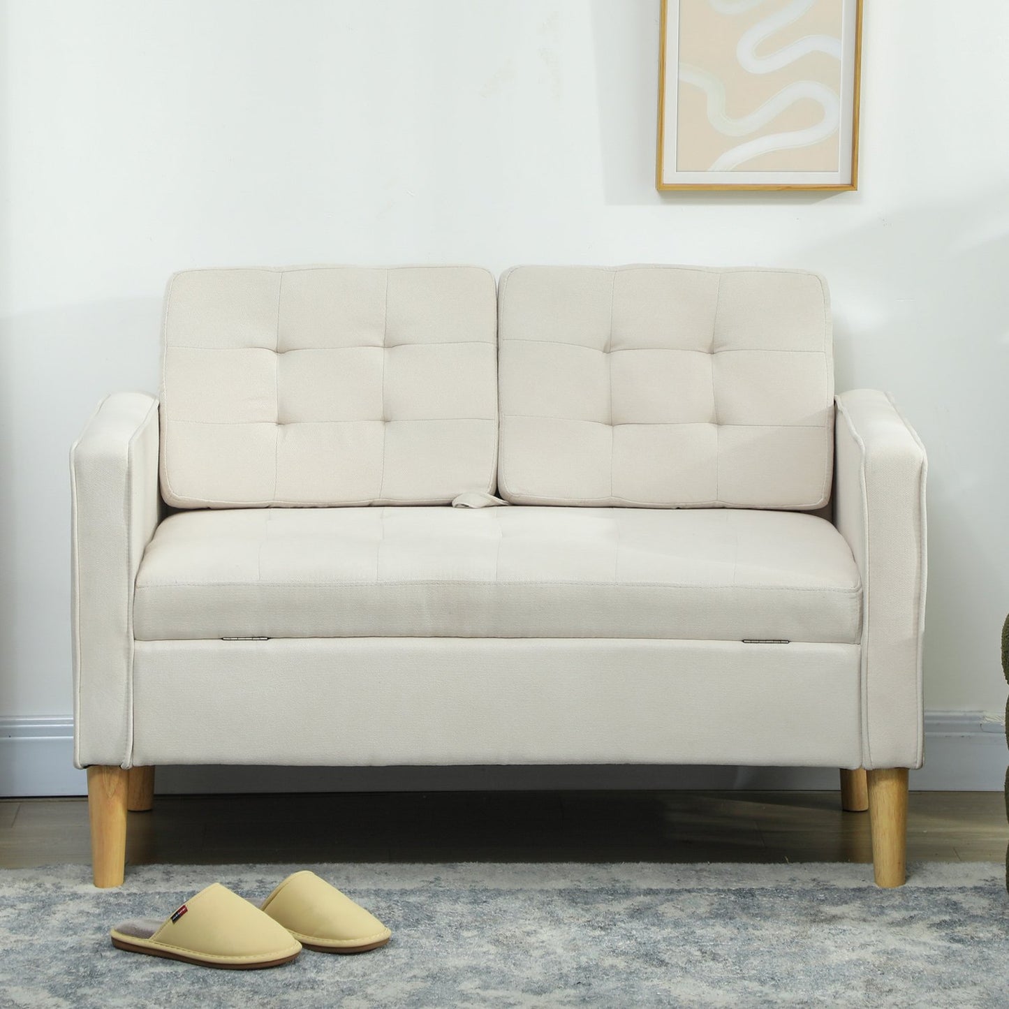 Two-Seater Sofa with Storage, Cream Velvet, 117cm