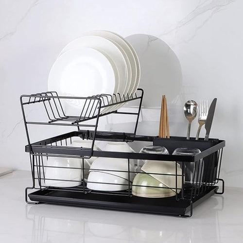 Two-Tier Dish Drying Rack with Cutlery Holder, Black