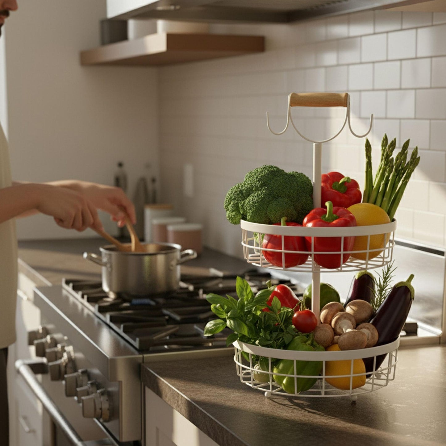 Two-Tier Metal Fruit Basket with Banana Hooks