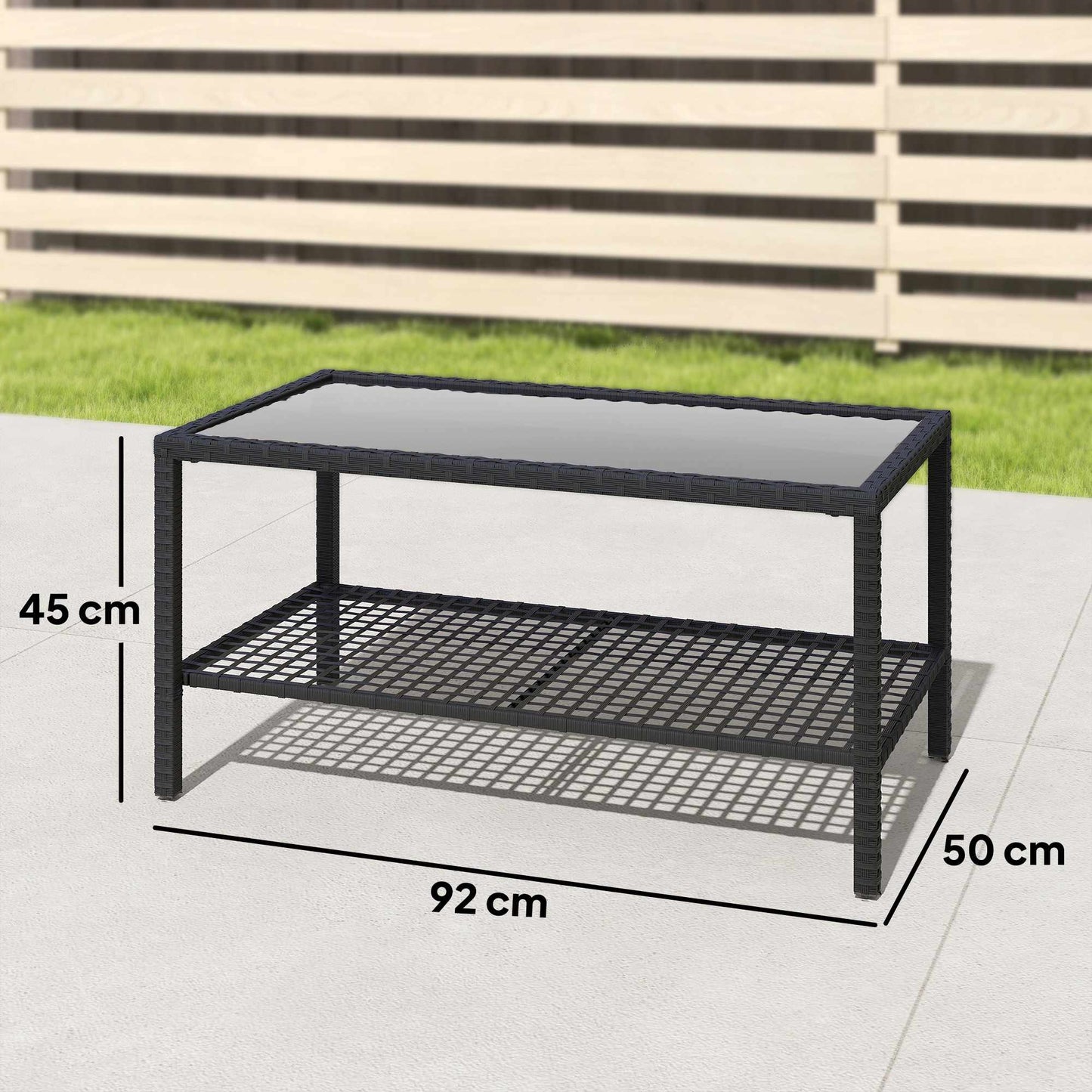Two-Tier Rattan Coffee Table with Glass Top, Black
